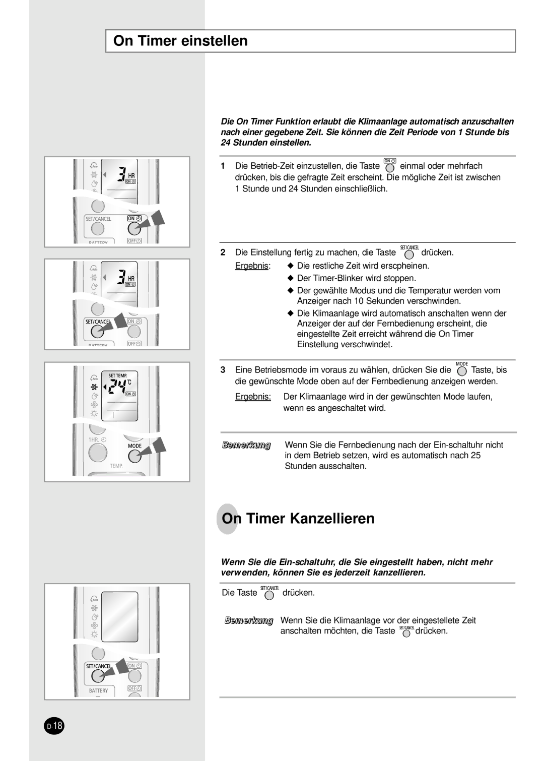 Samsung SH09BWHA manual On Timer einstellen, On Timer Kanzellieren 