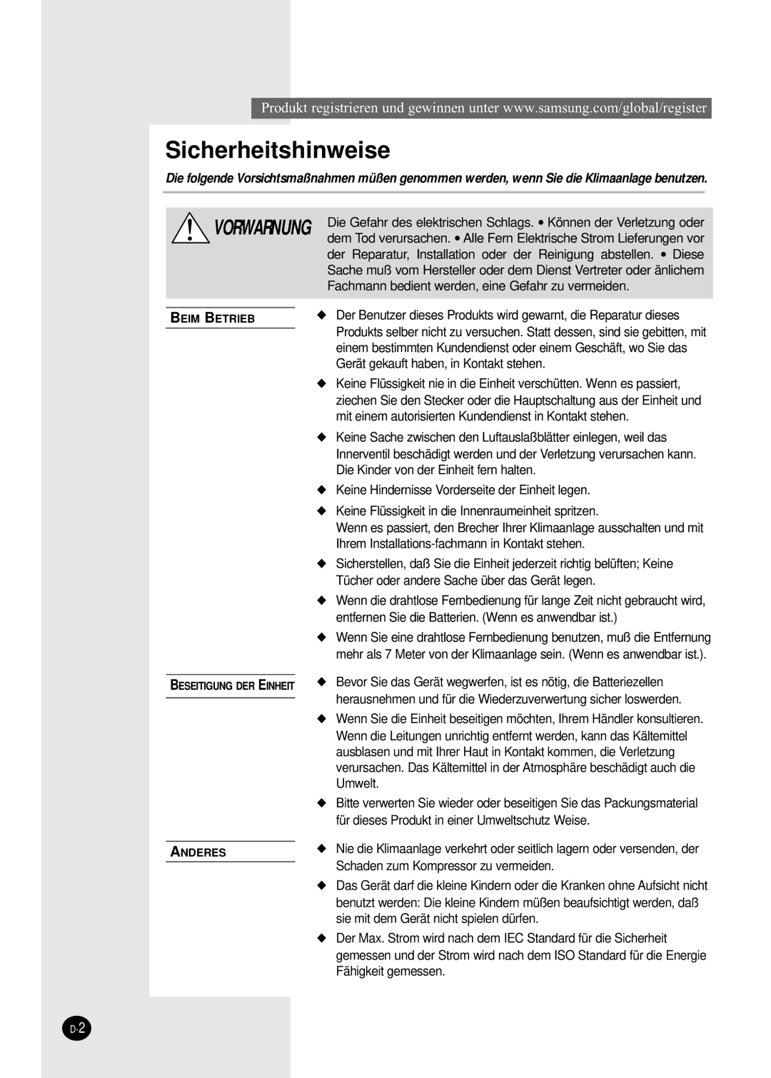 Samsung SH09BWHA manual Sicherheitshinweise 