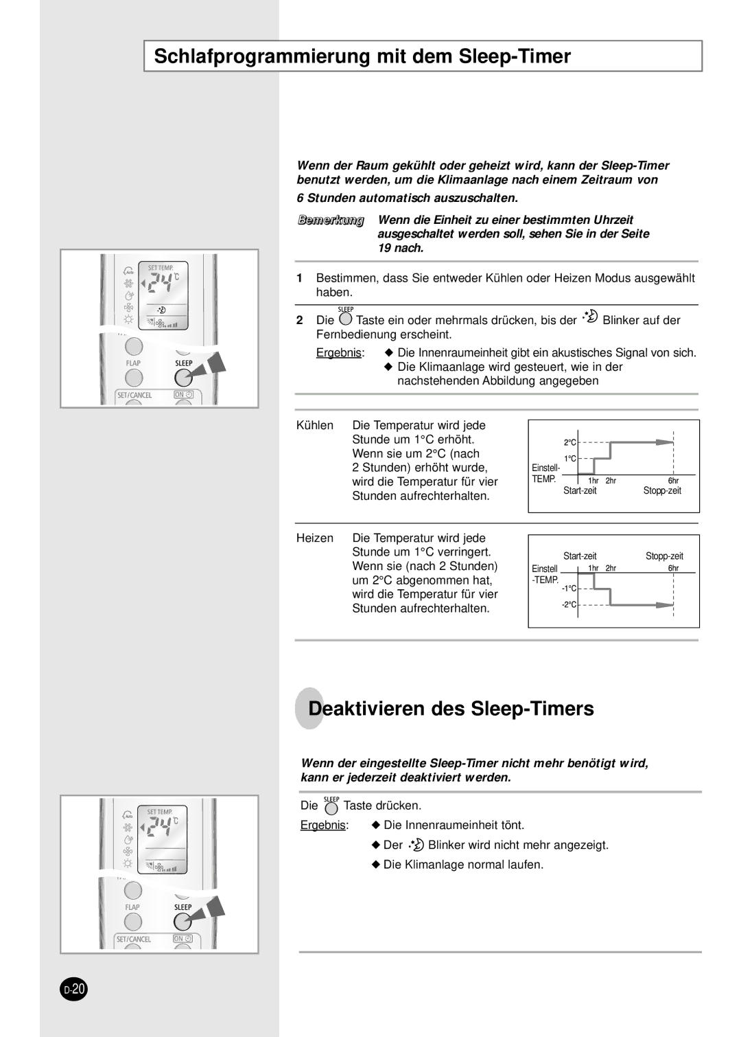 Samsung SH09BWHA manual Schlafprogrammierung mit dem Sleep-Timer, Deaktivieren des Sleep-Timers 