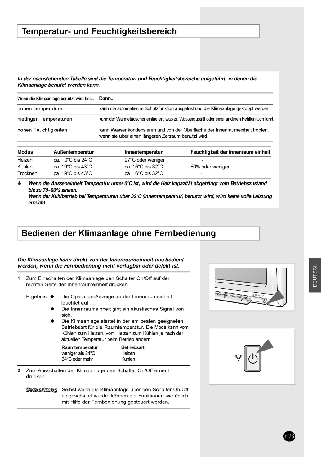 Samsung SH09BWHA manual Temperatur- und Feuchtigkeitsbereich 