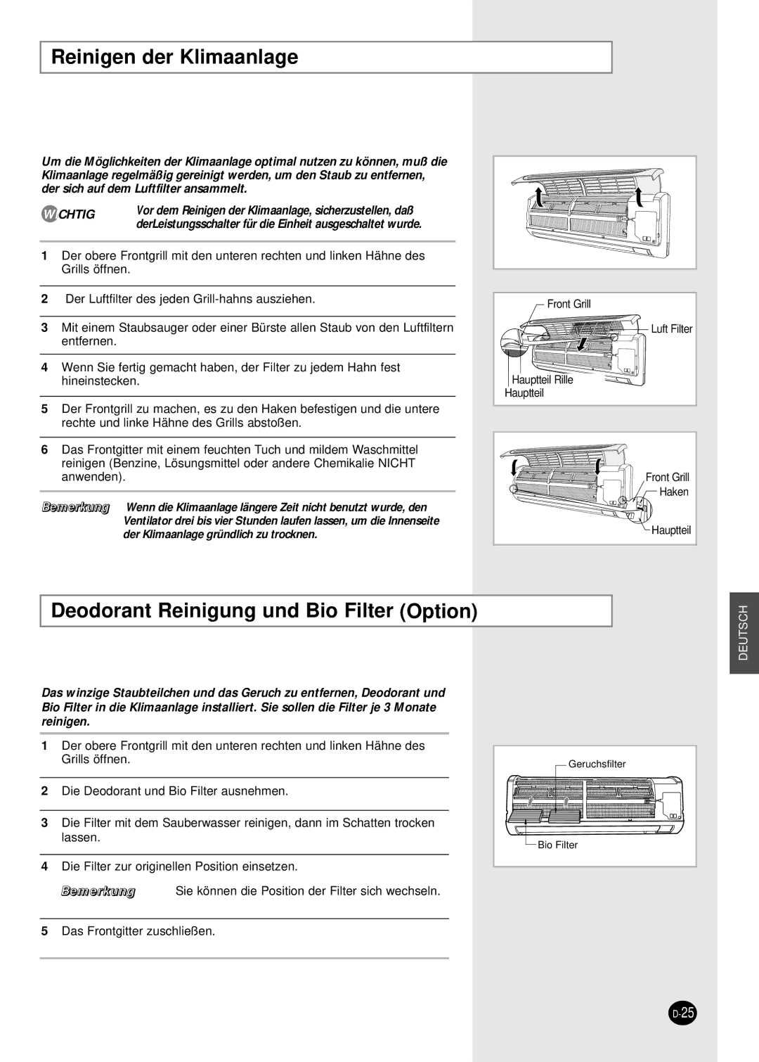 Samsung SH09BWHA manual Reinigen der Klimaanlage, Deodorant Reinigung und Bio Filter Option 