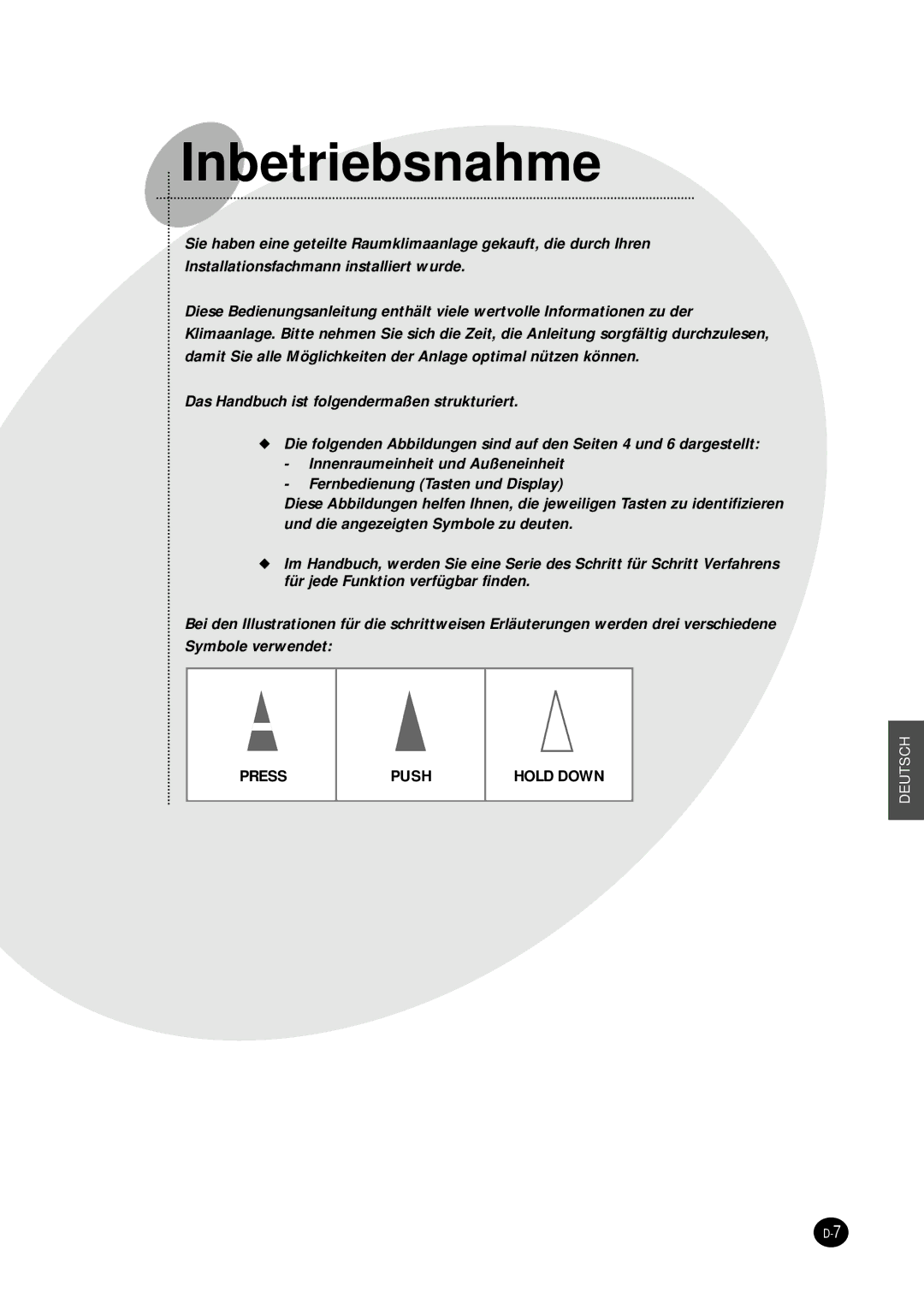 Samsung SH09BWHA manual Inbetriebsnahme 