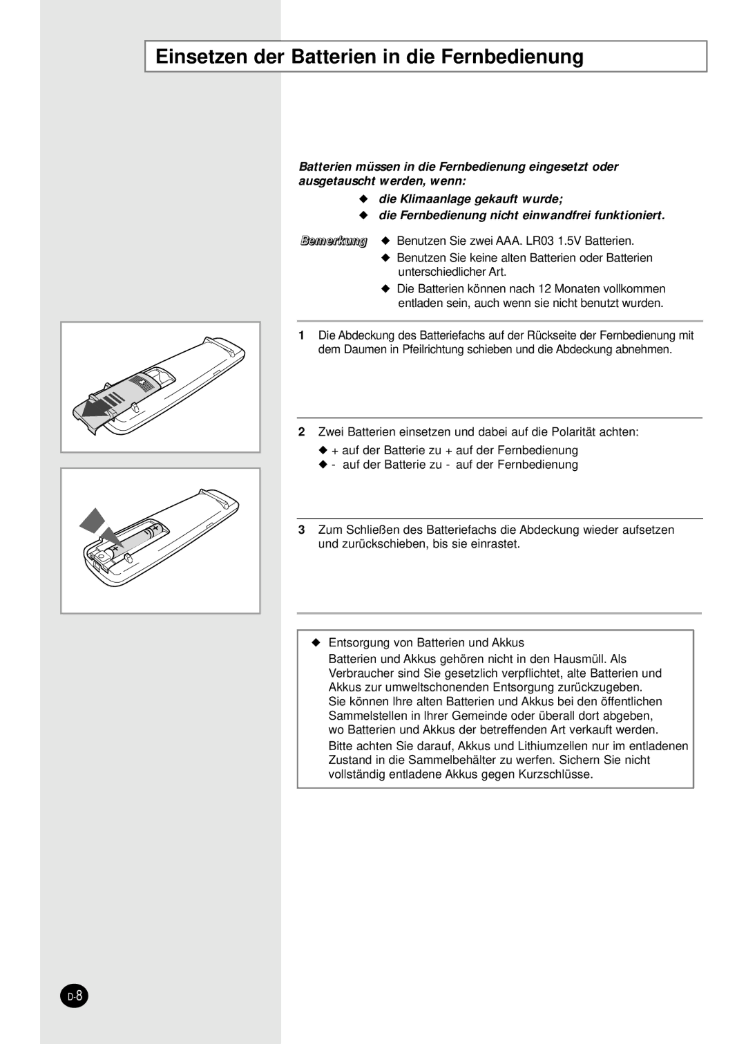 Samsung SH09BWHA manual Einsetzen der Batterien in die Fernbedienung 