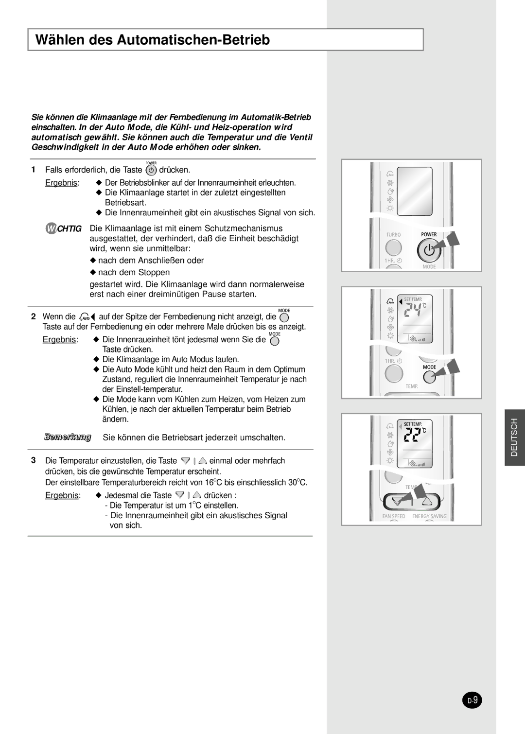 Samsung SH09BWHA manual Wählen des Automatischen-Betrieb 