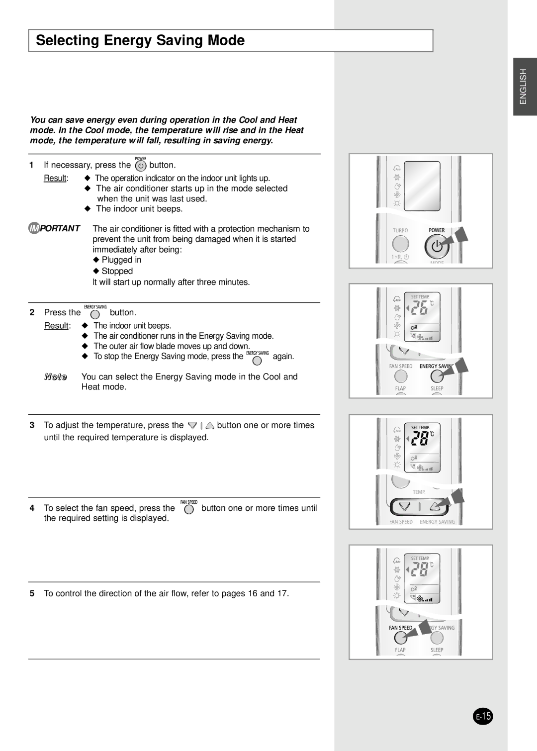 Samsung SH09BWHA manual Selecting Energy Saving Mode 