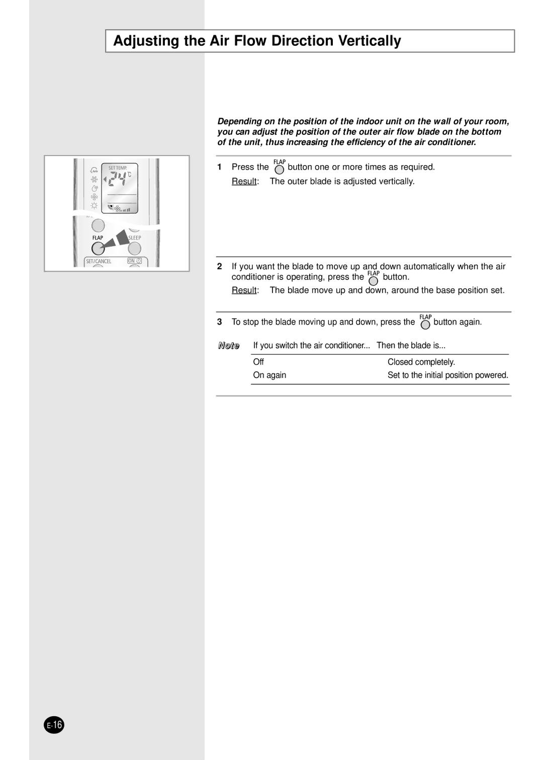 Samsung SH09BWHA manual Adjusting the Air Flow Direction Vertically 