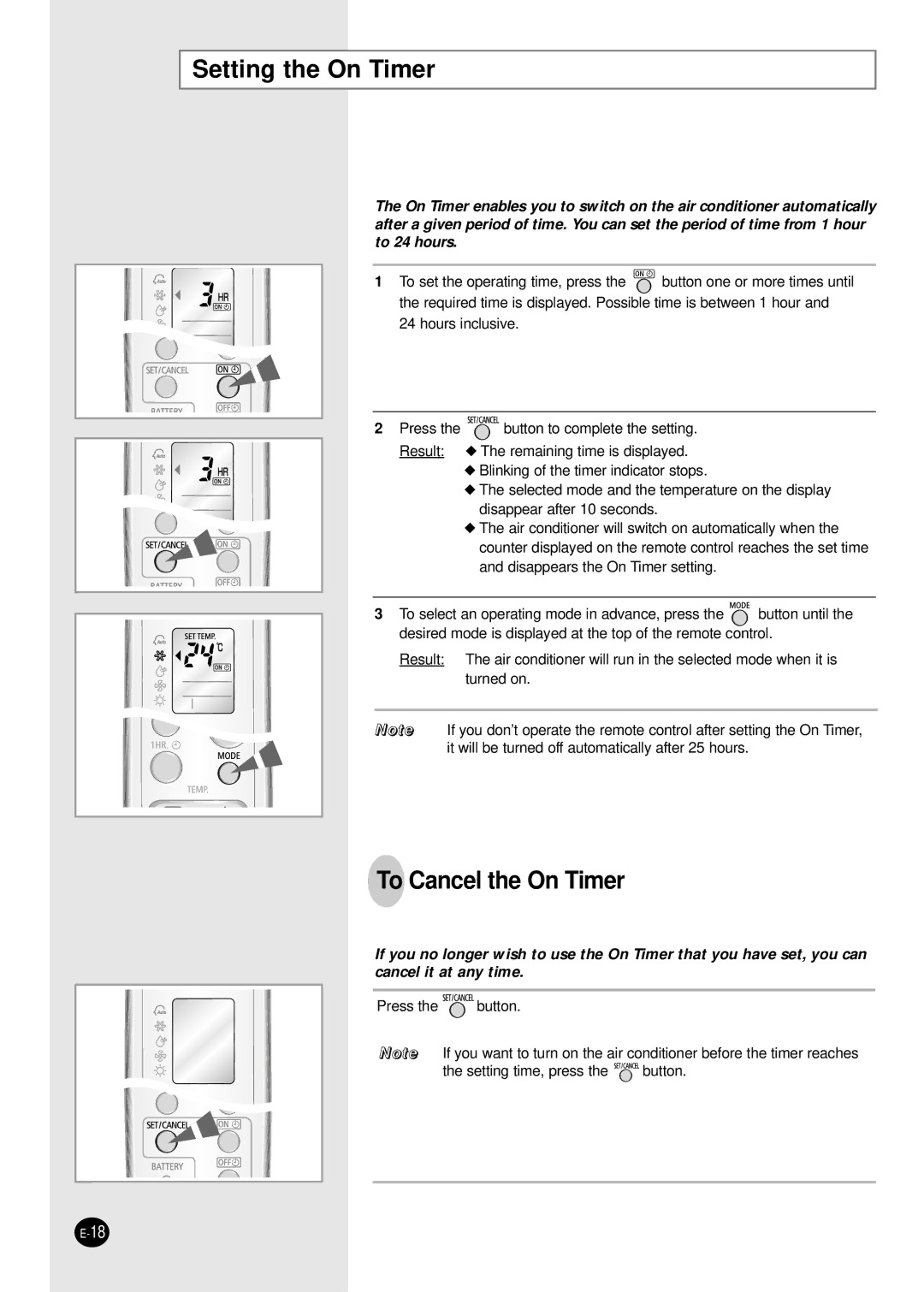 Samsung SH09BWHA manual Setting the On Timer, To Cancel the On Timer 