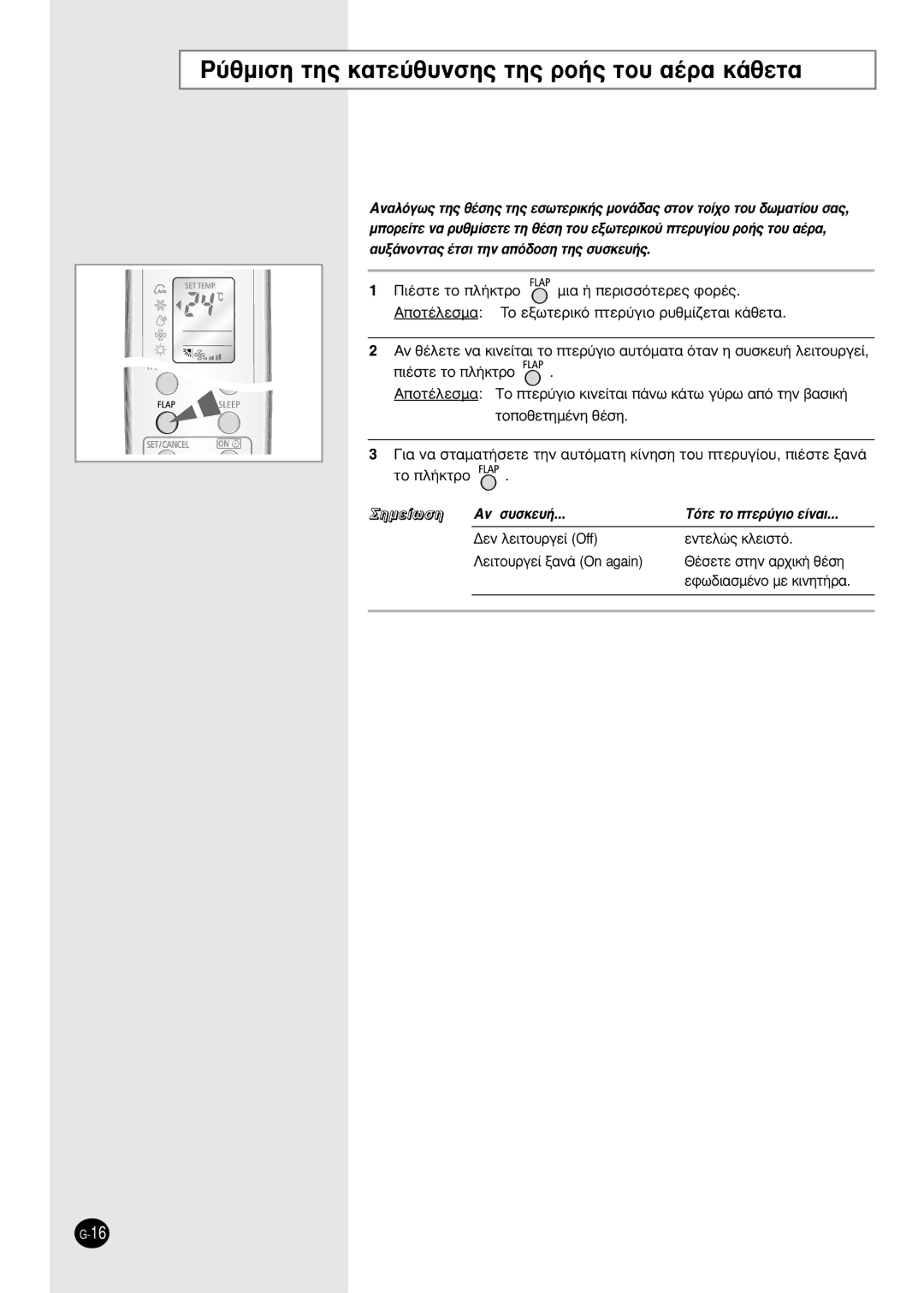 Samsung SH09BWHA manual ‡ıÌÈÛË ÙË˜ Î·ÙÂ‡ı˘ÓÛË˜ ÙË˜ ÚÔ‹˜ ÙÔ˘ ·¤Ú· Î¿ıÂÙ·, È¤Ûùâ Ùô Ï‹Îùúô 