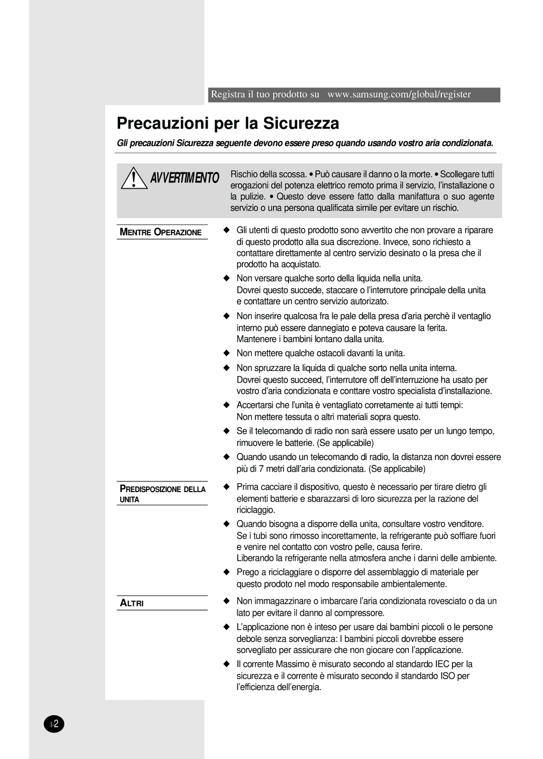 Samsung SH09BWHA manual Precauzioni per la Sicurezza 