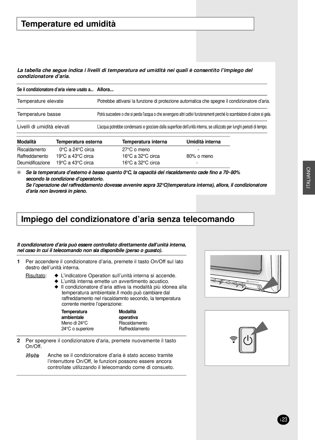 Samsung SH09BWHA manual Temperature ed umidità, Impiego del condizionatore d’aria senza telecomando 