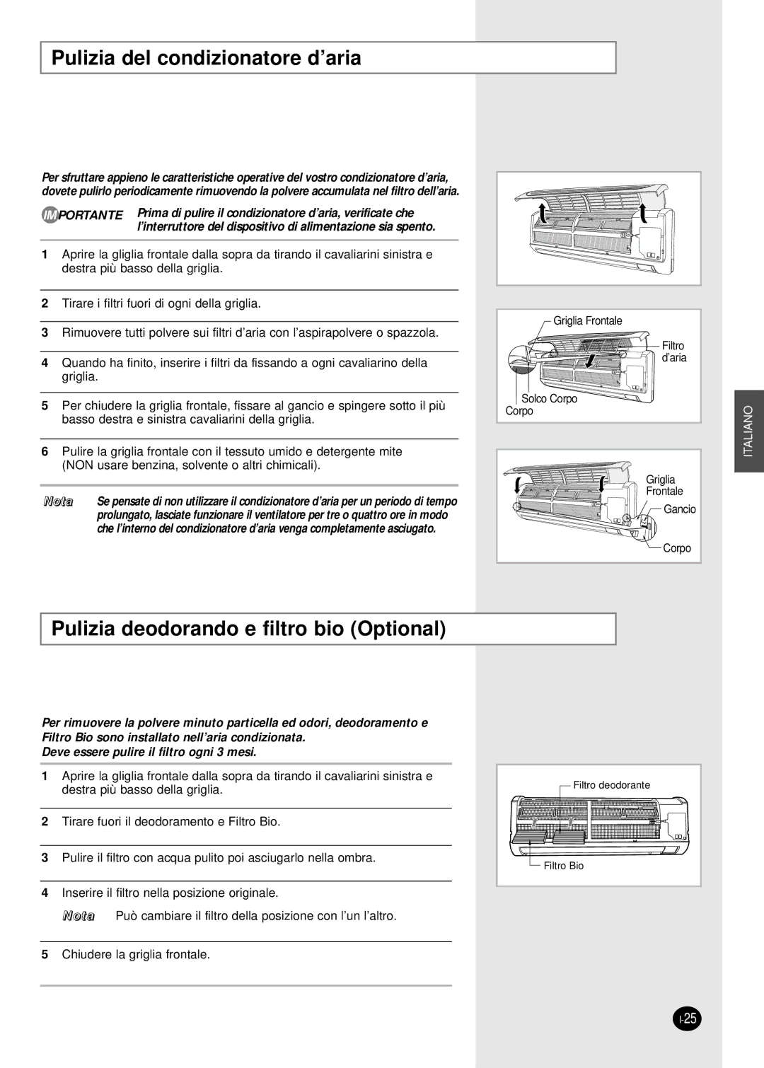 Samsung SH09BWHA manual Pulizia del condizionatore d’aria, Pulizia deodorando e filtro bio Optional 