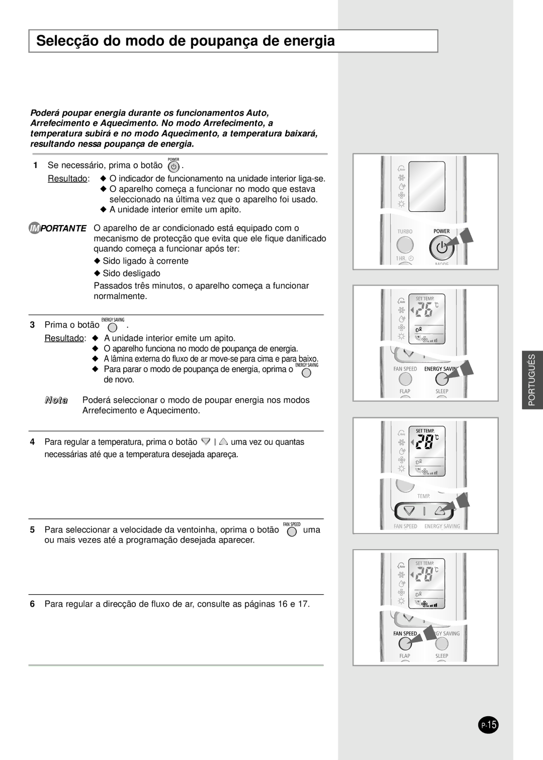 Samsung SH09BWHA manual Selecção do modo de poupança de energia 