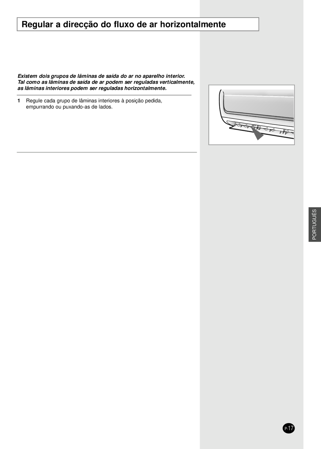 Samsung SH09BWHA manual Regular a direcção do fluxo de ar horizontalmente 