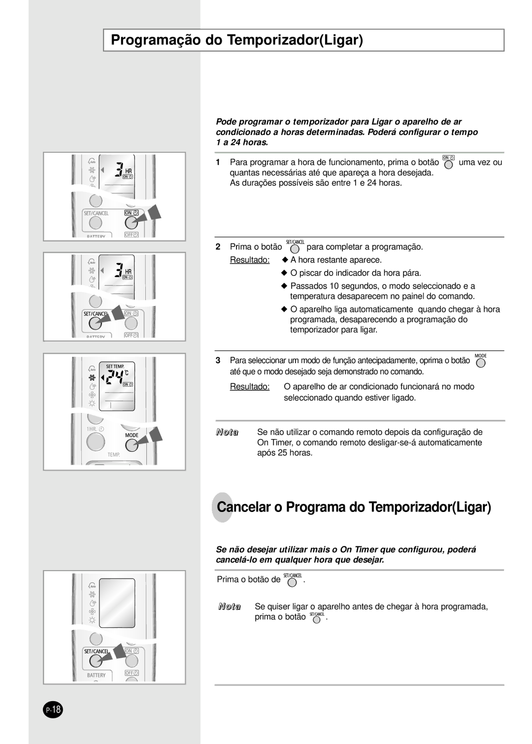 Samsung SH09BWHA manual Programação do TemporizadorLigar, Cancelar o Programa do TemporizadorLigar 