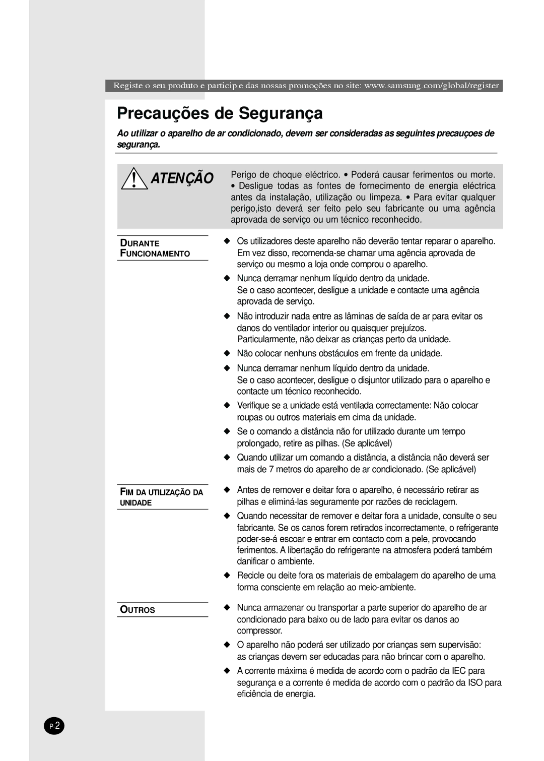 Samsung SH09BWHA manual Precauções de Segurança 