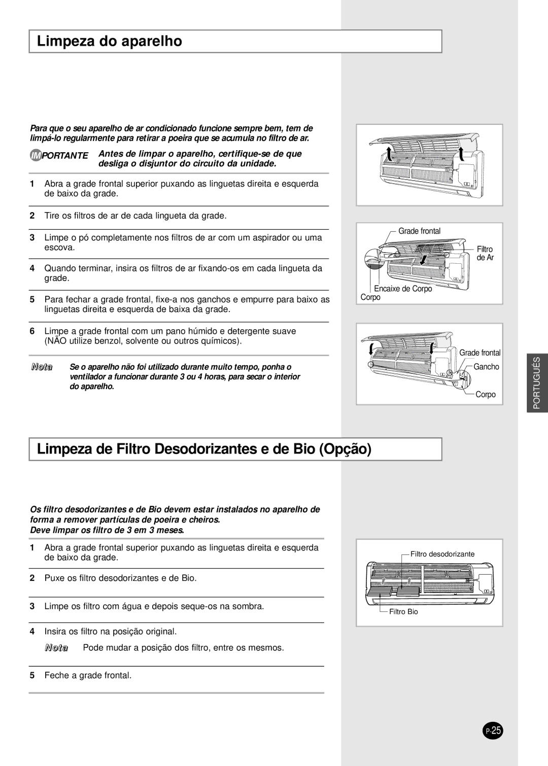 Samsung SH09BWHA manual Limpeza do aparelho, Limpeza de Filtro Desodorizantes e de Bio Opção 