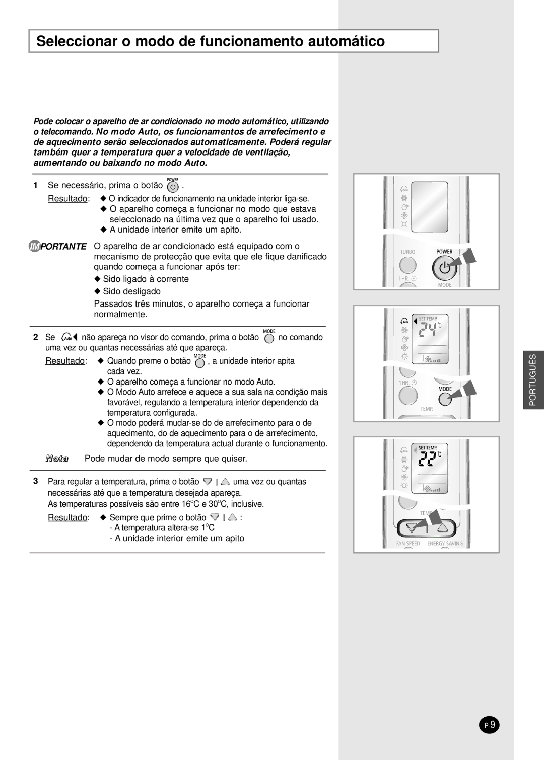 Samsung SH09BWHA manual Seleccionar o modo de funcionamento automático 