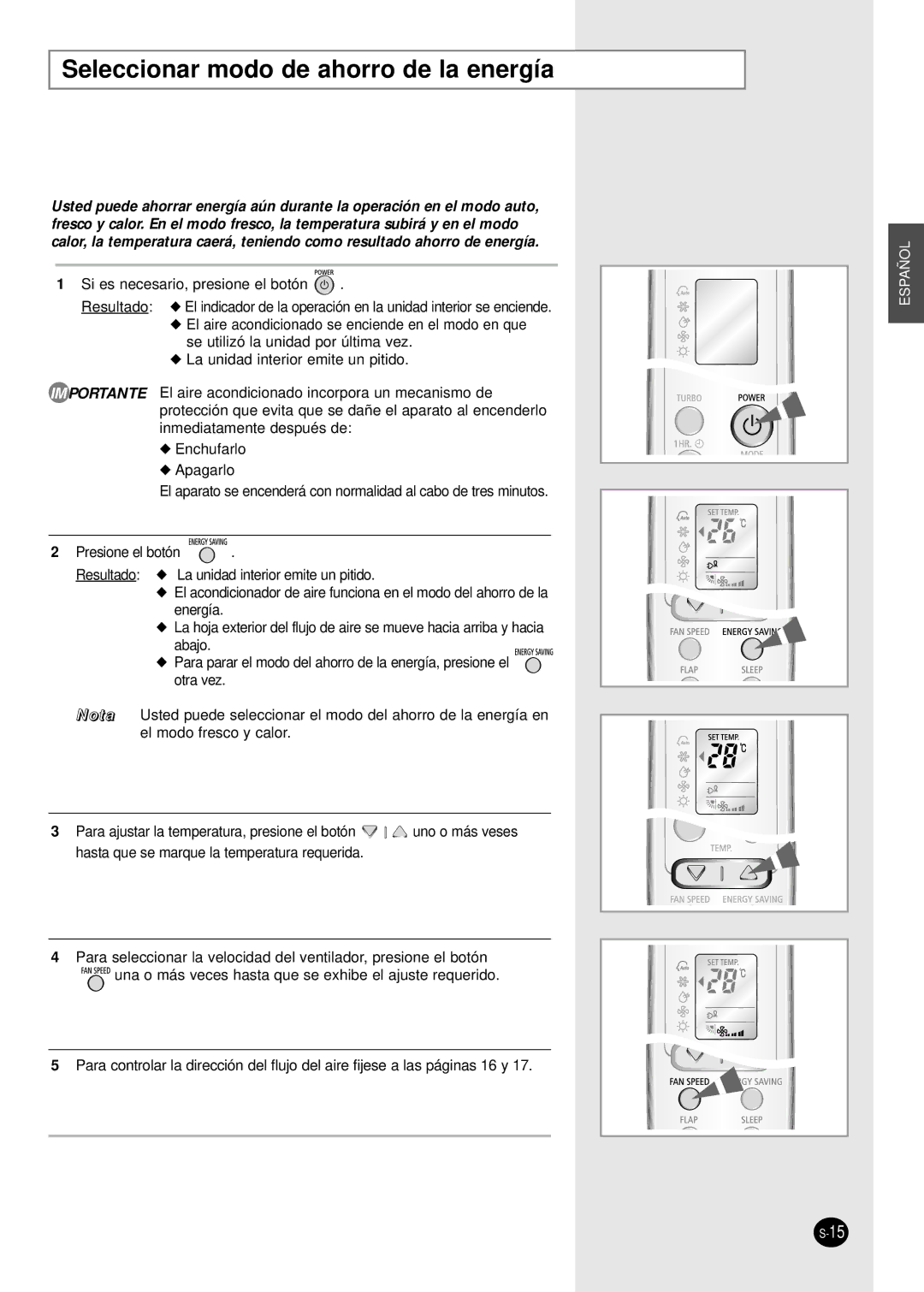 Samsung SH09BWHA manual Seleccionar modo de ahorro de la energía 