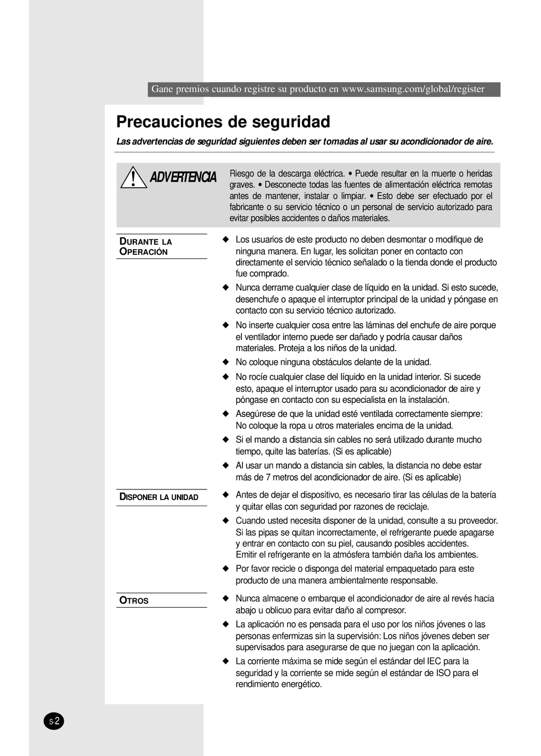 Samsung SH09BWHA manual Precauciones de seguridad 