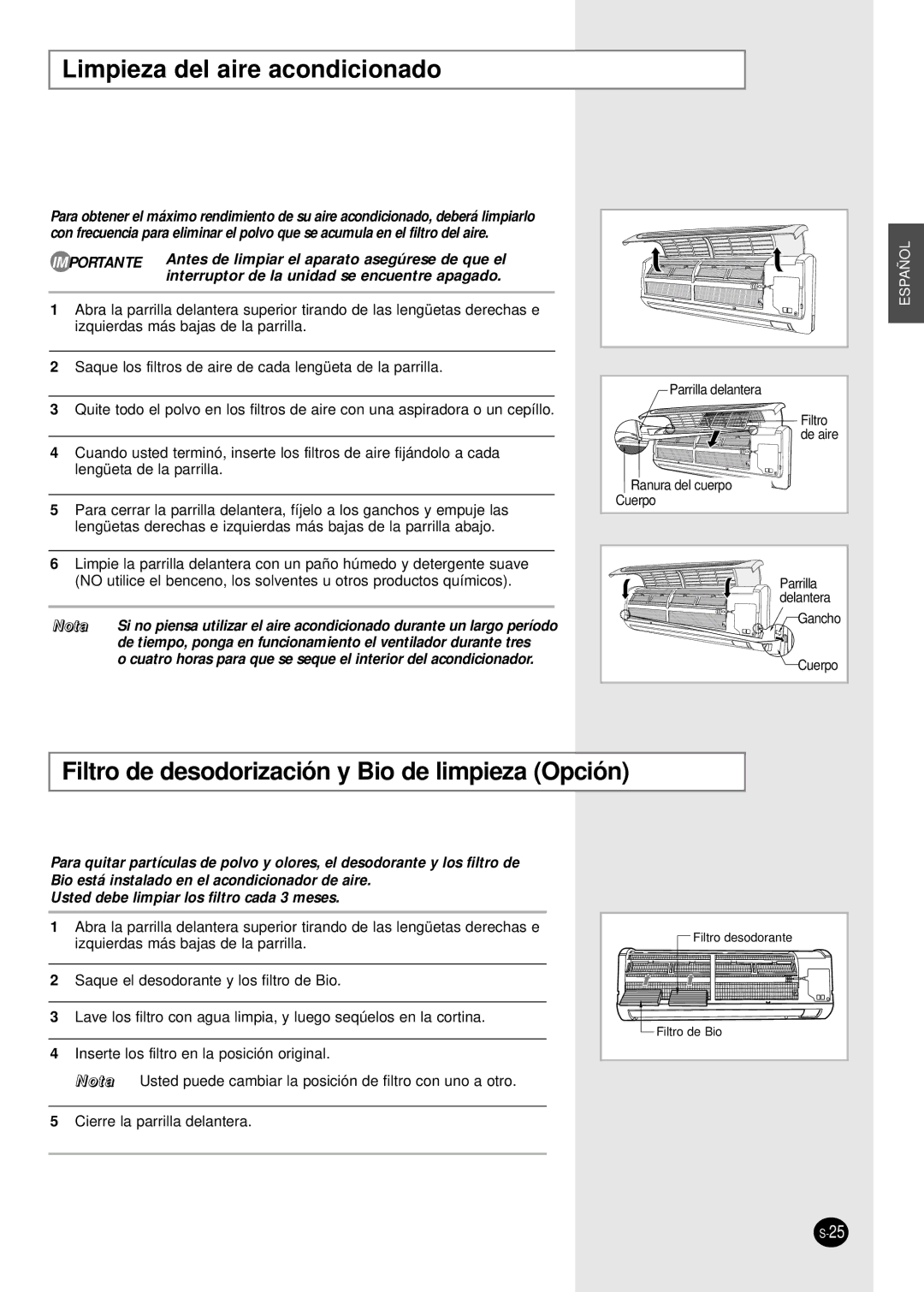 Samsung SH09BWHA manual Limpieza del aire acondicionado, Filtro de desodorización y Bio de limpieza Opción 