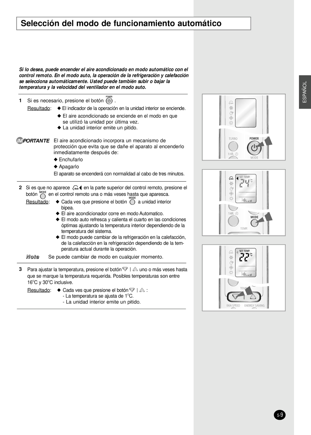 Samsung SH09BWHA manual Selección del modo de funcionamiento automático 