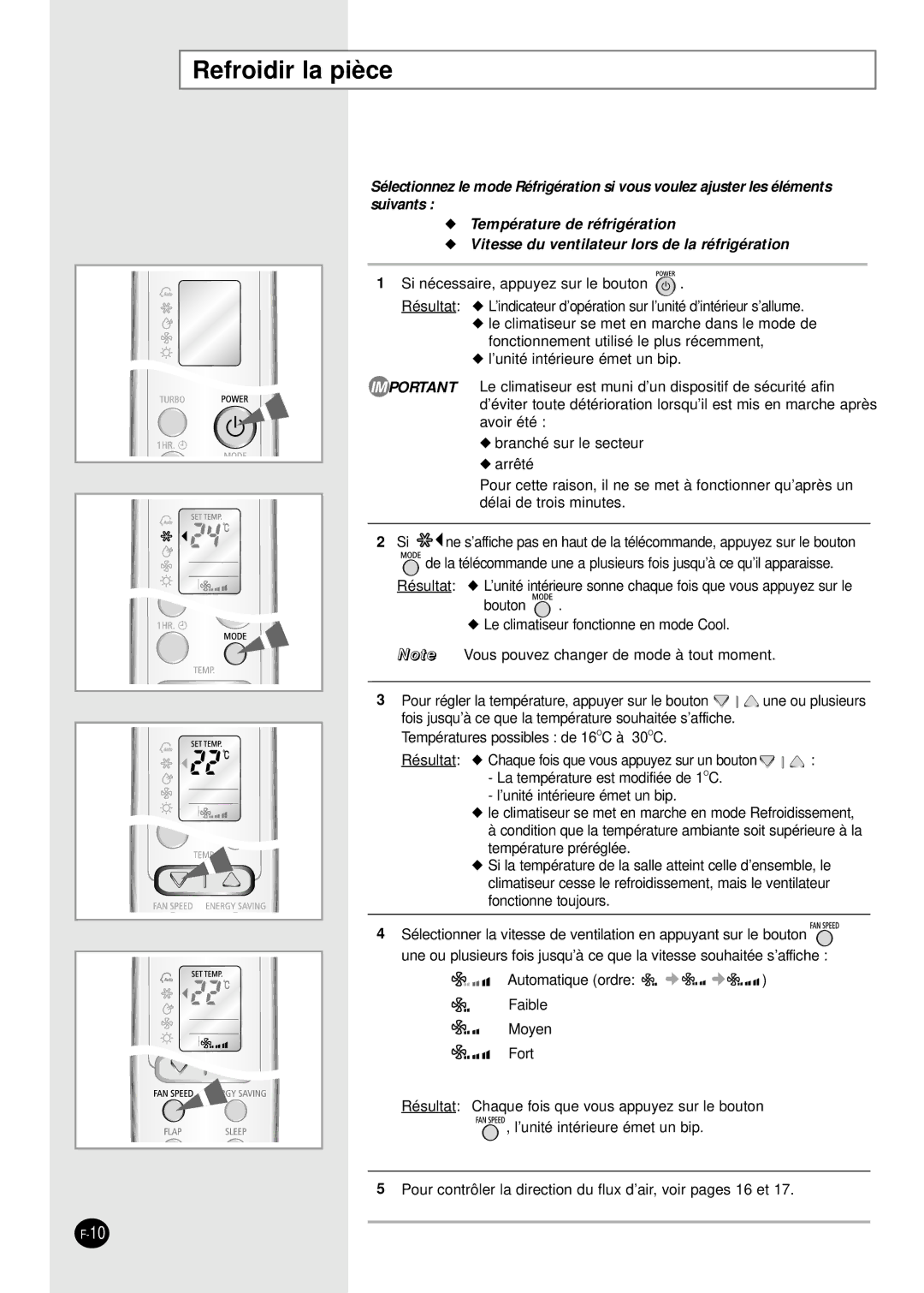 Samsung SH09BWHA manual Refroidir la pièce, Vitesse du ventilateur lors de la réfrigération 