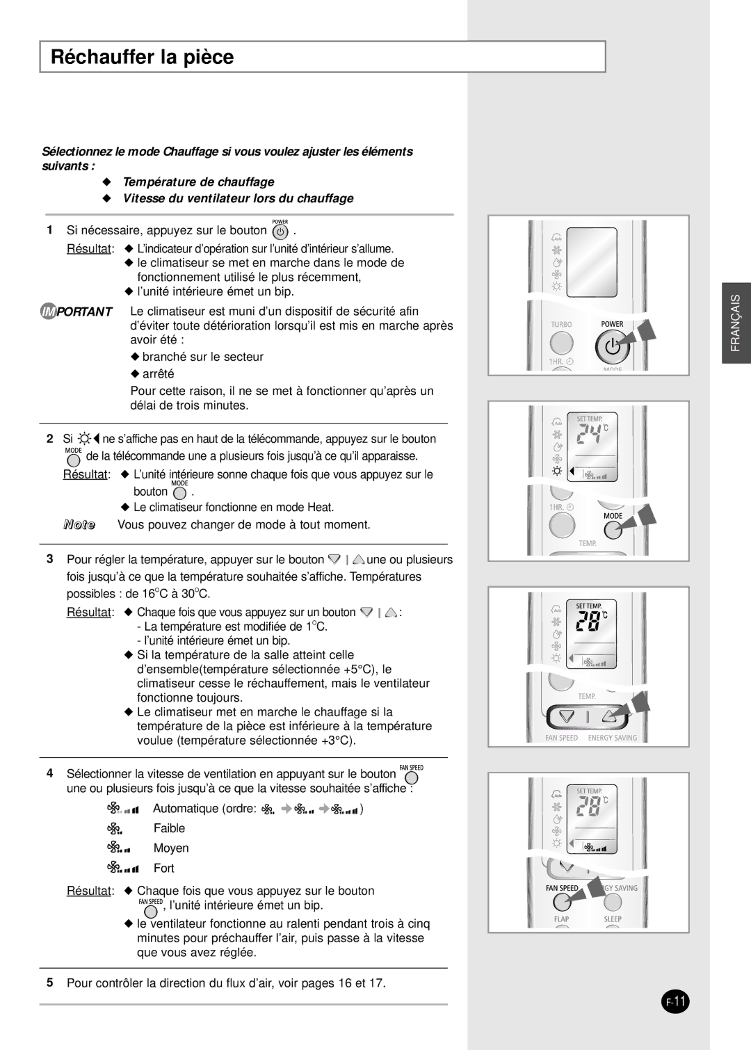 Samsung SH09BWHA manual Réchauffer la pièce 