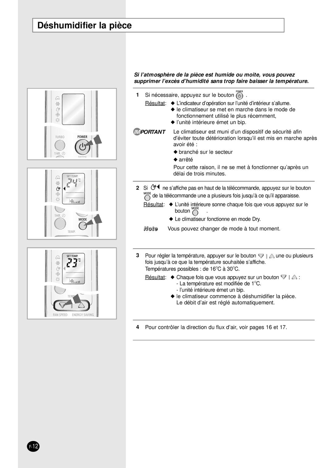 Samsung SH09BWHA manual Déshumidifier la pièce 