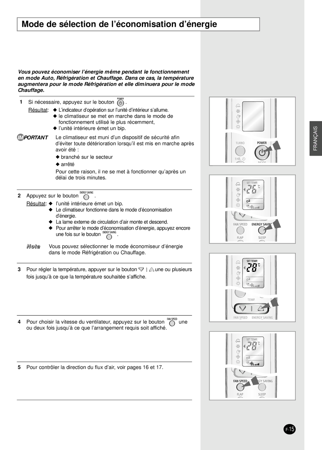 Samsung SH09BWHA manual Mode de sélection de l’économisation d’énergie 