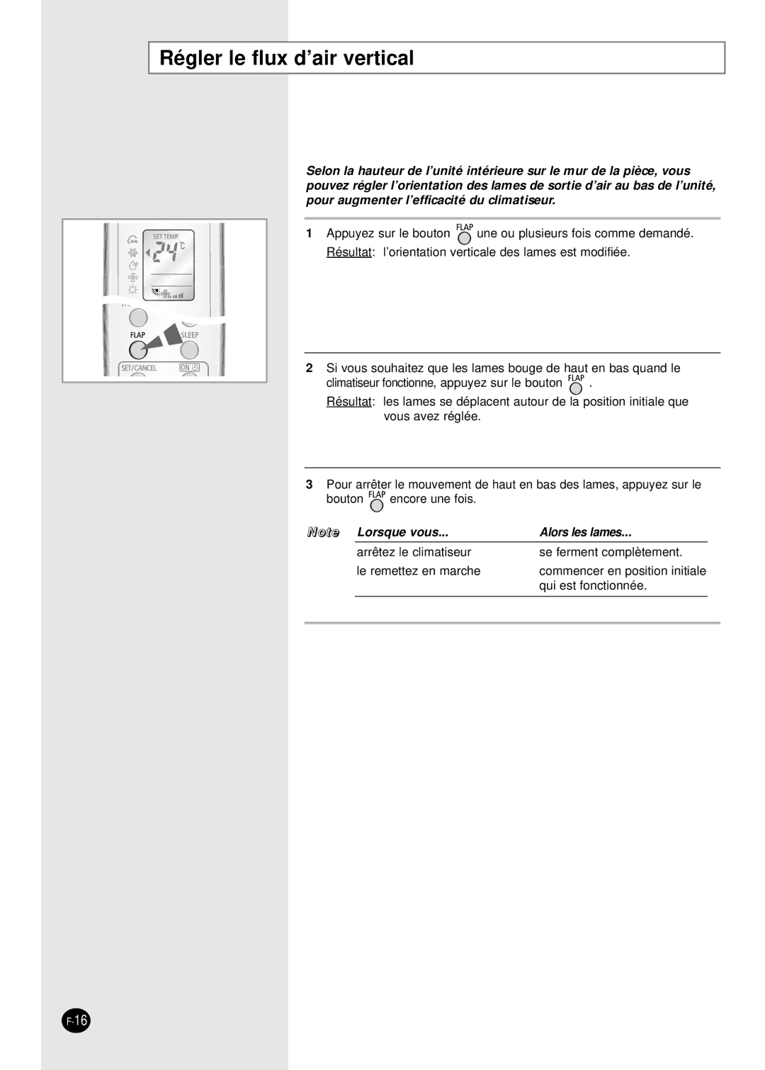 Samsung SH09BWHA manual Régler le flux d’air vertical, Alors les lames 