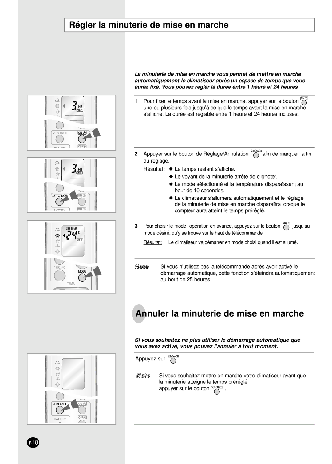 Samsung SH09BWHA manual Régler la minuterie de mise en marche, Annuler la minuterie de mise en marche 