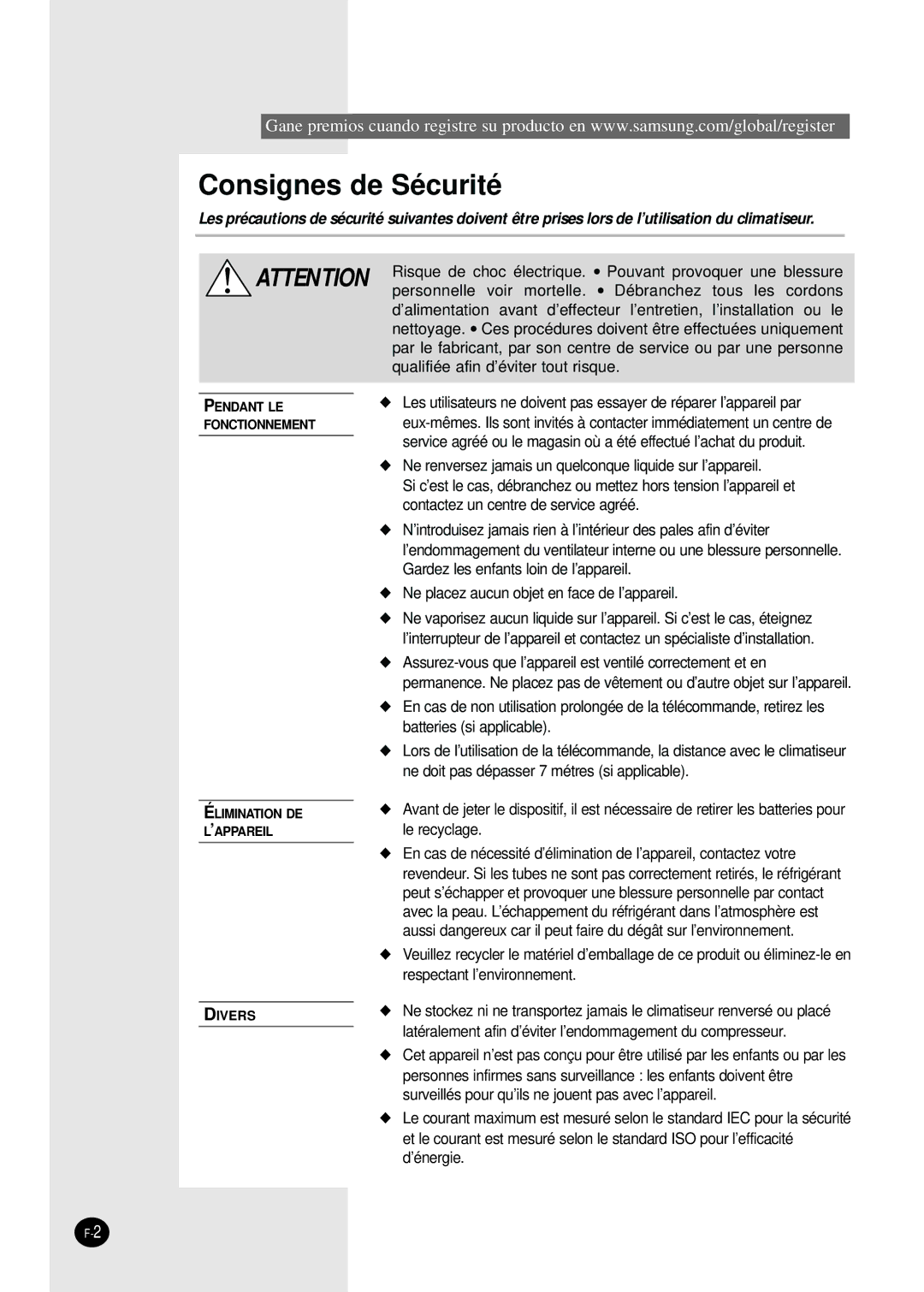 Samsung SH09BWHA manual Consignes de Sécurité 