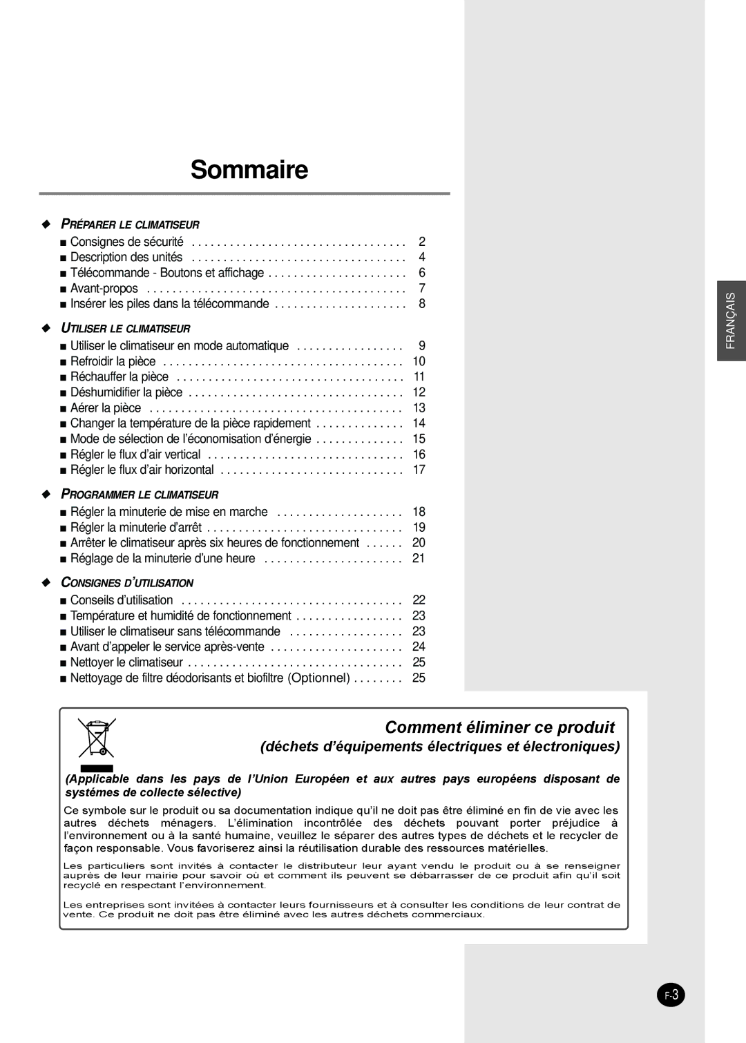 Samsung SH09BWHA manual Sommaire 