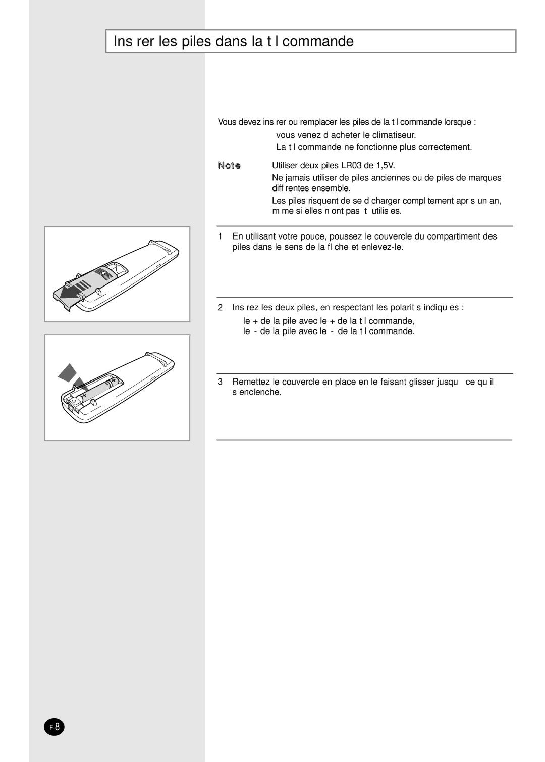 Samsung SH09BWHA manual Insérer les piles dans la télécommande 