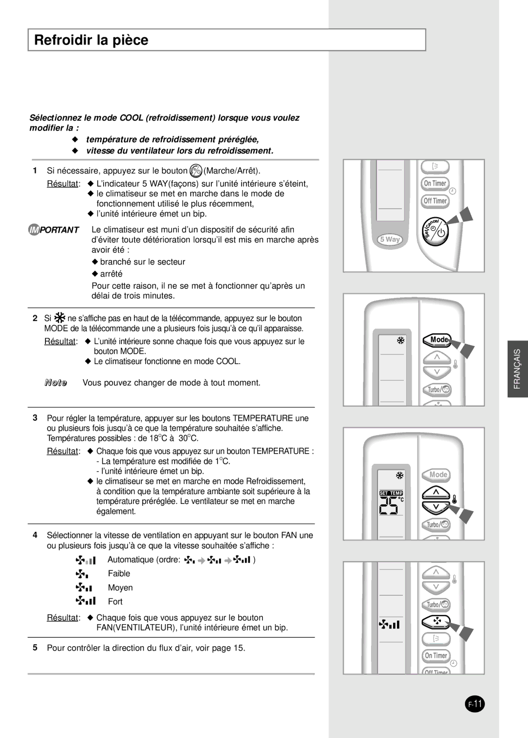 Samsung SH09VAD manual Refroidir la pièce 