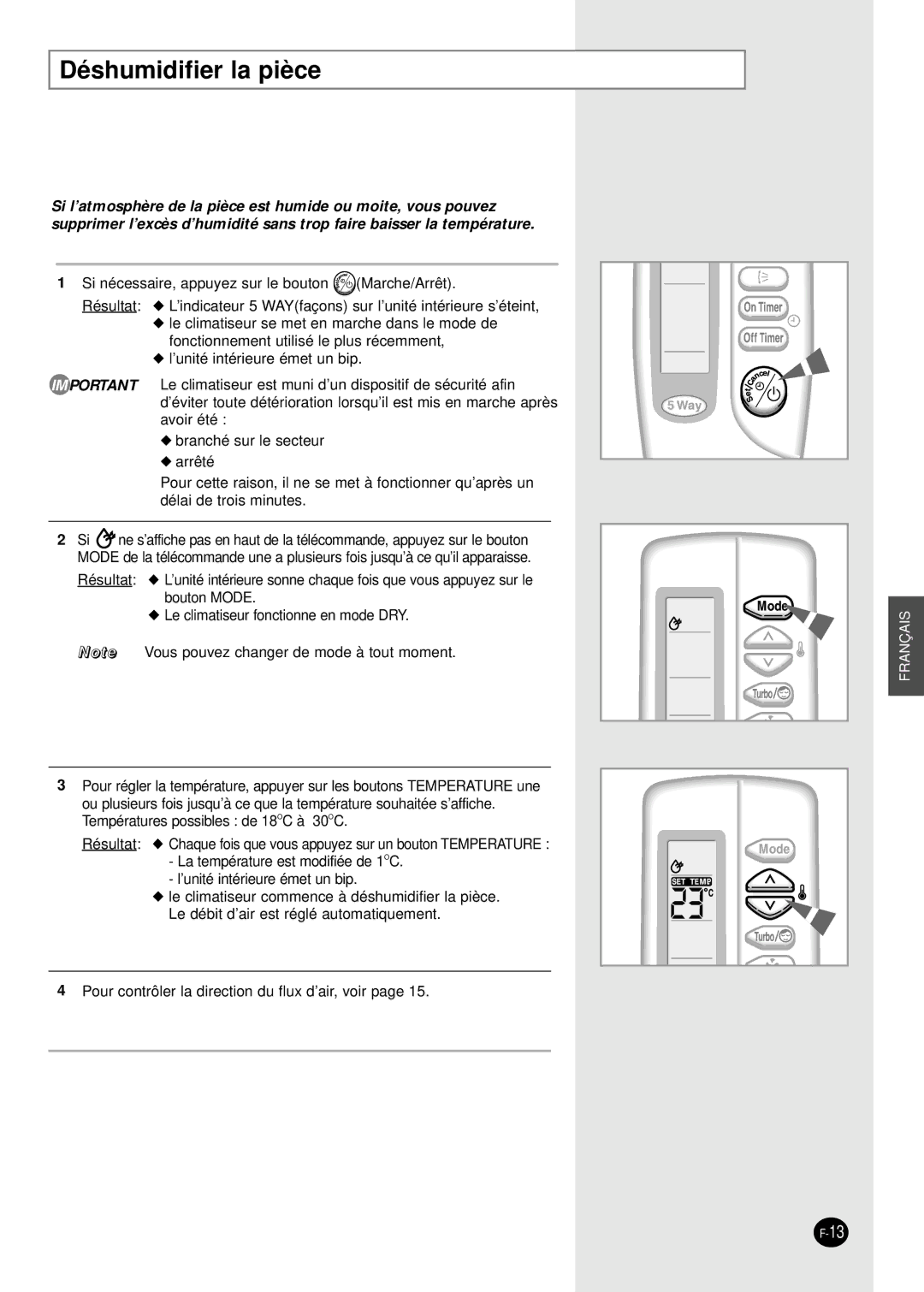 Samsung SH09VAD manual Déshumidifier la pièce 