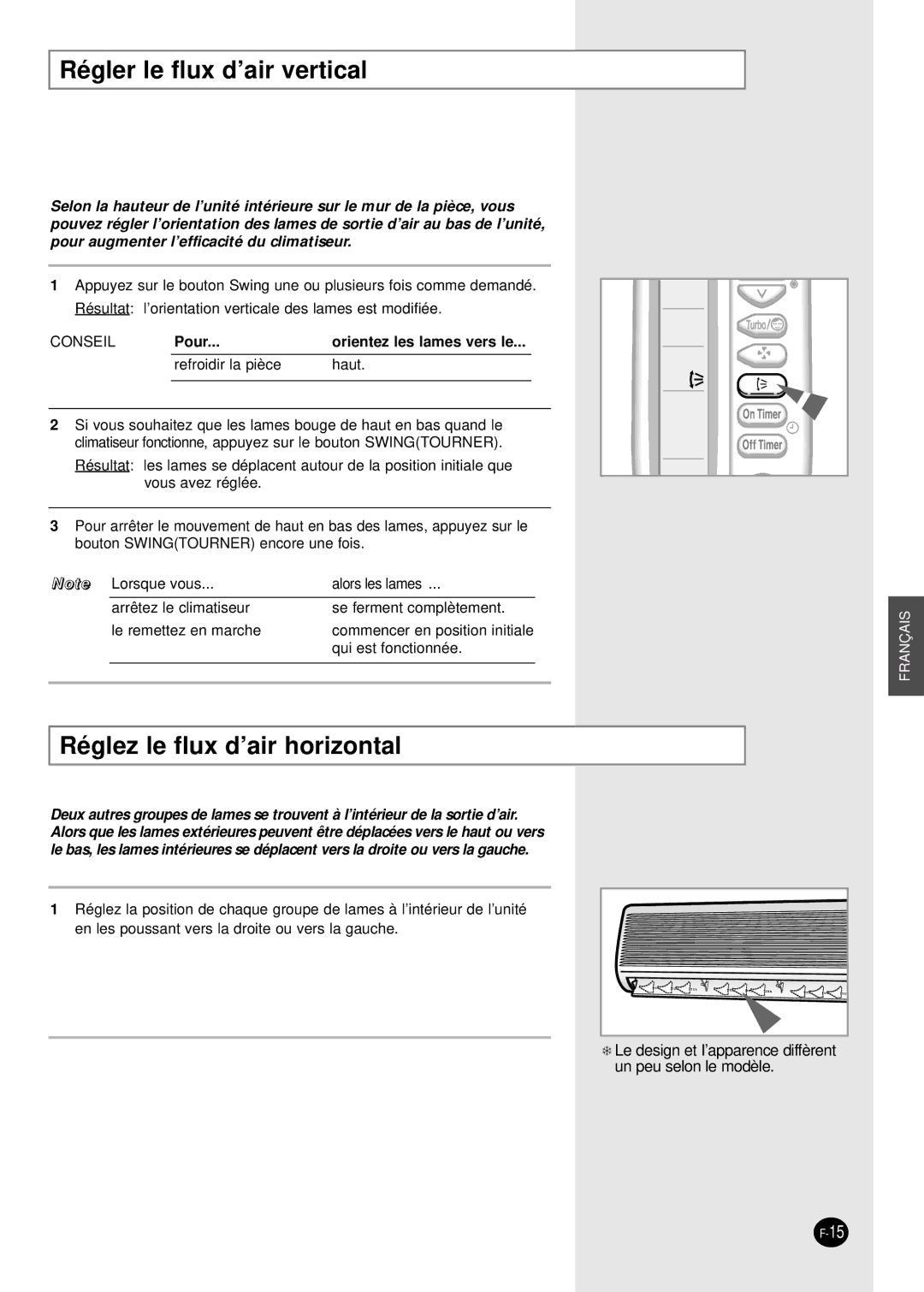 Samsung SH09VAD manual Régler le flux d’air vertical, Réglez le flux d’air horizontal 