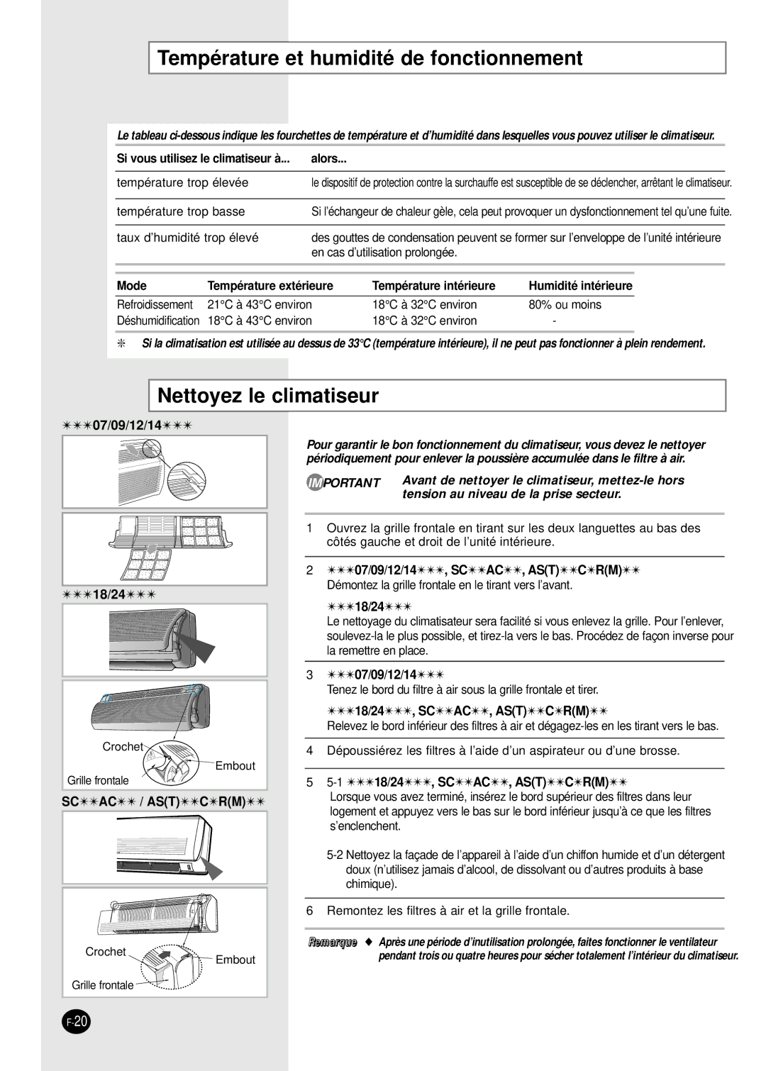 Samsung SH09VAD manual Température et humidité de fonctionnement, Nettoyez le climatiseur, Alors 