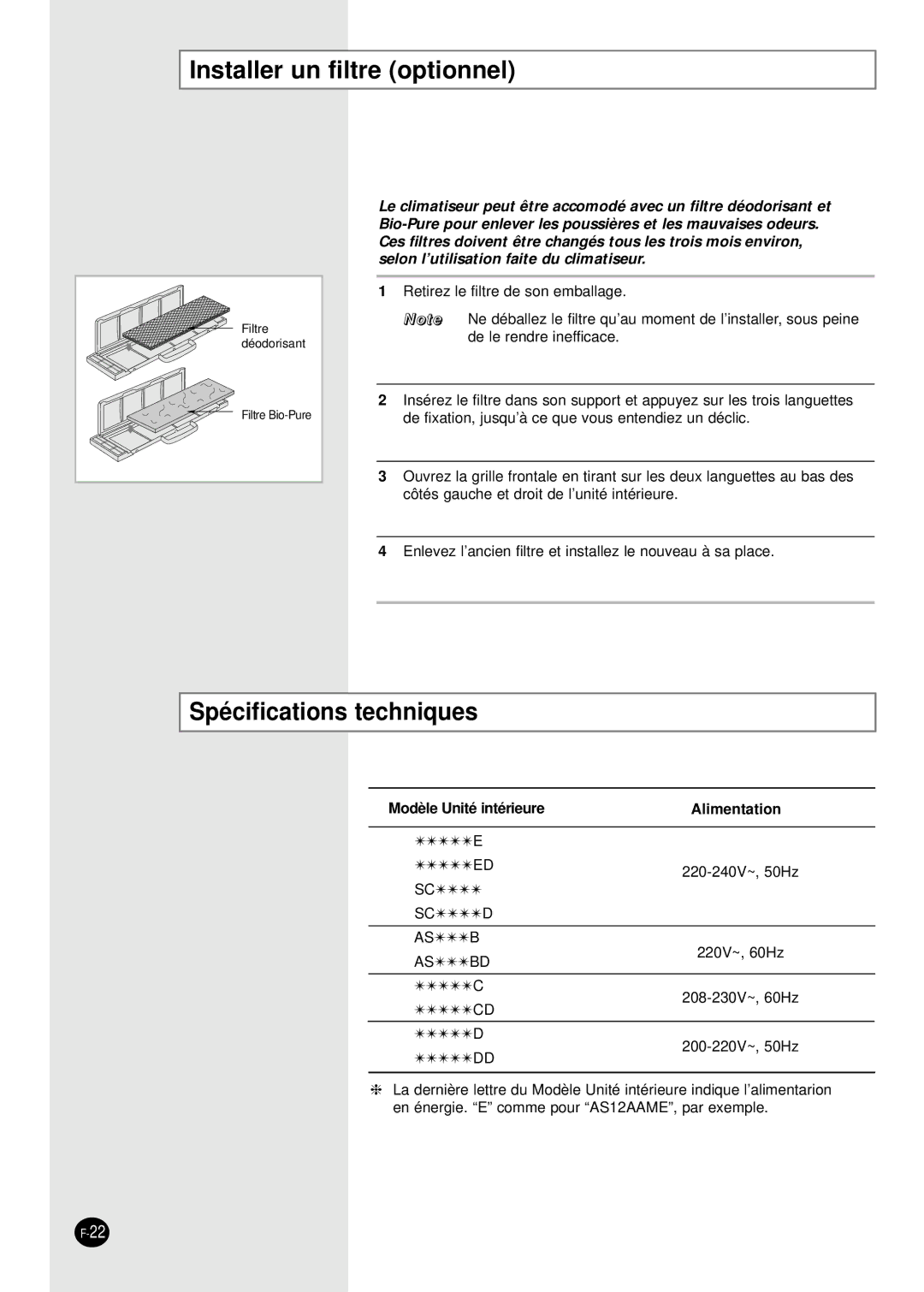 Samsung SH09VAD manual Installer un filtre optionnel, Spécifications techniques, Modèle Unité intérieure Alimentation 