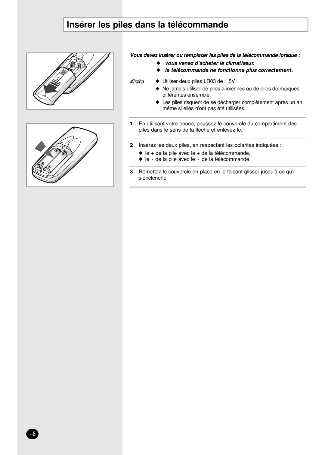 Samsung SH09VAD manual Insérer les piles dans la télécommande 