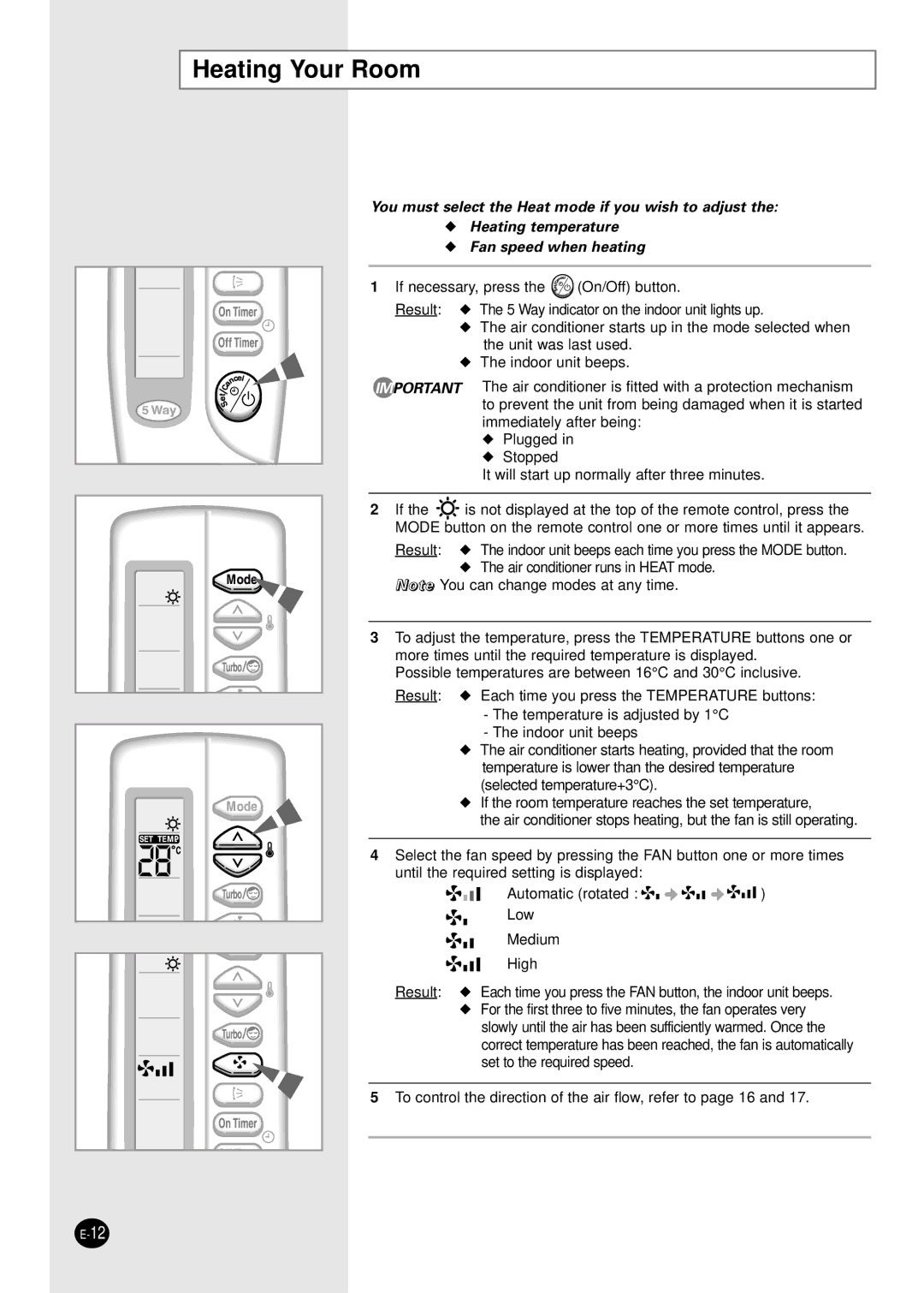 Samsung SH09VAD manual Heating Your Room 