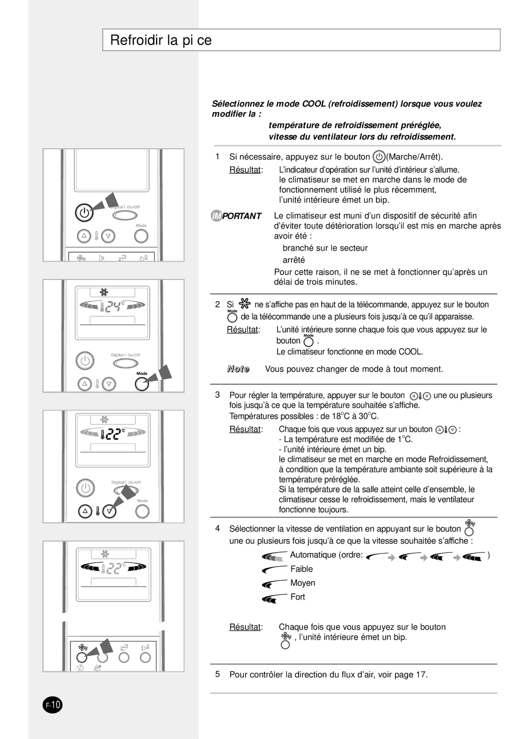 Samsung SH18ZP0X, sH12ZPGA, SH07ZPGX, SH09ZPGAX, SH09ZPGA/SER, SH24TP6X, SH12ZPGX, SH12ZPGAX manual Refroidir la pièce 