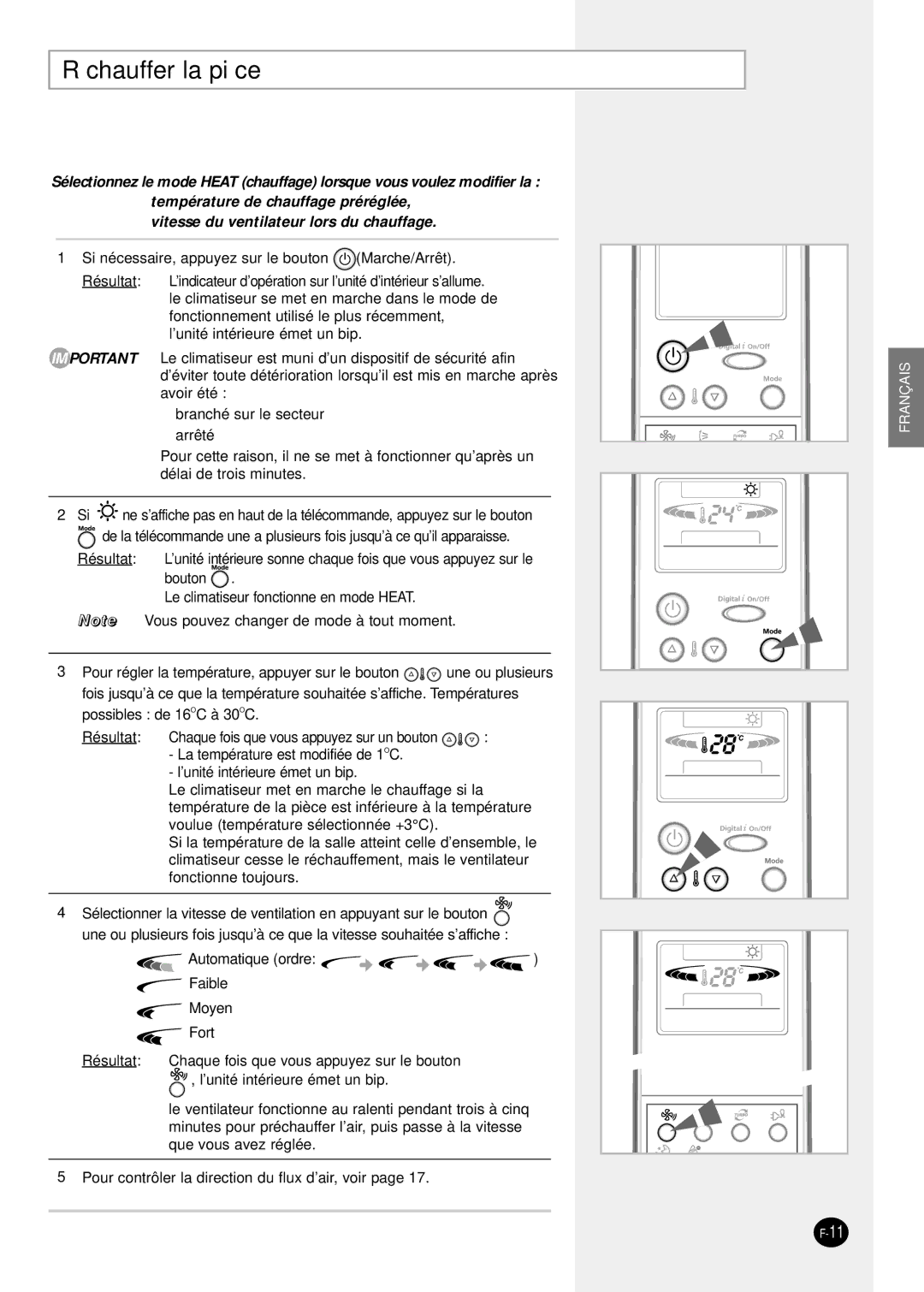 Samsung SH24TP6X, sH12ZPGA, SH07ZPGX, SH09ZPGAX, SH09ZPGA/SER, SH18ZP0X, SH12ZPGX, SH12ZPGAX manual Réchauffer la pièce 