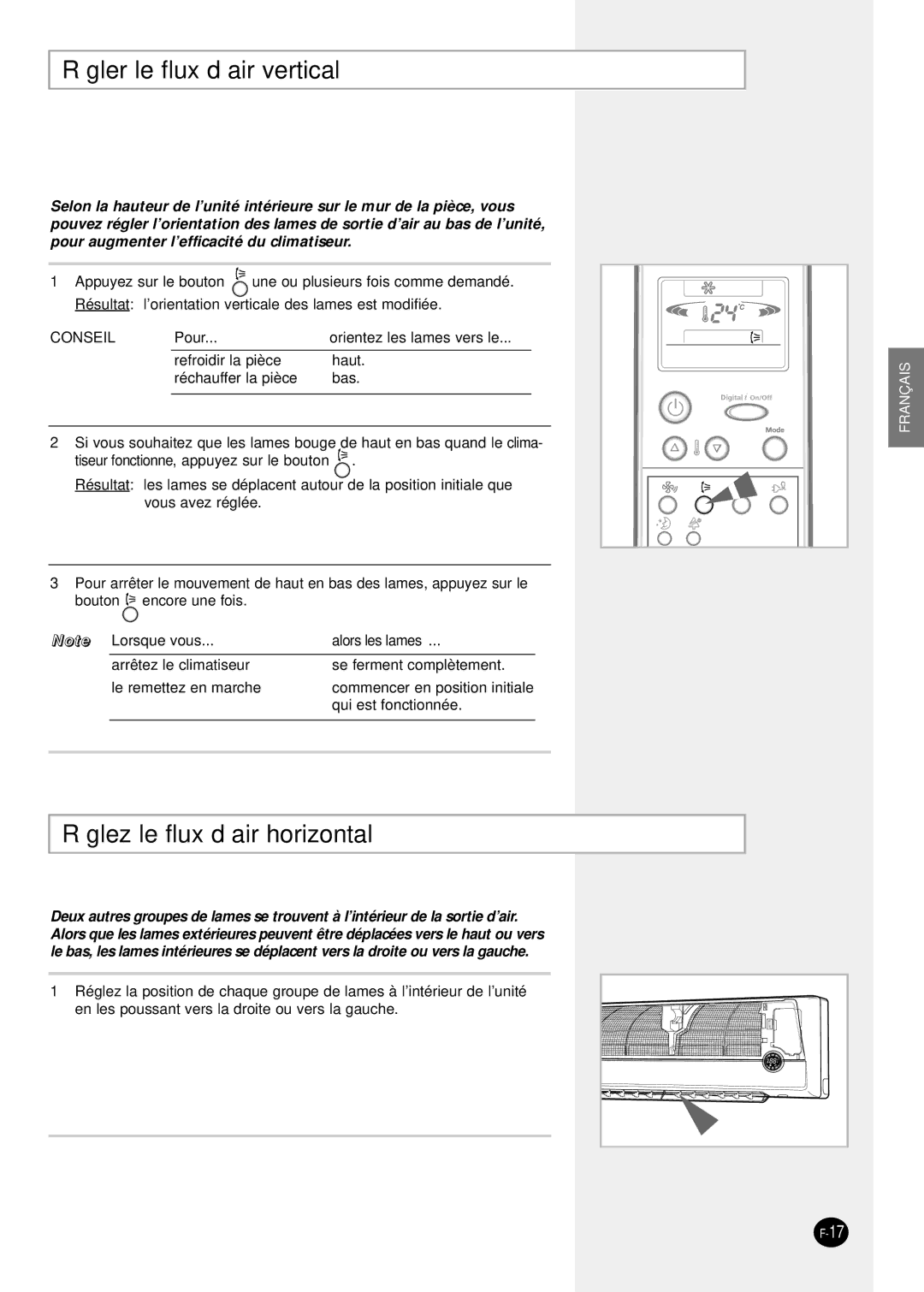 Samsung SH12ZPG, SH09ZPGA, SH24TP6, sH12ZPGA, SH18ZP0, SH07ZPGX Régler le flux d’air vertical, Réglez le flux d’air horizontal 