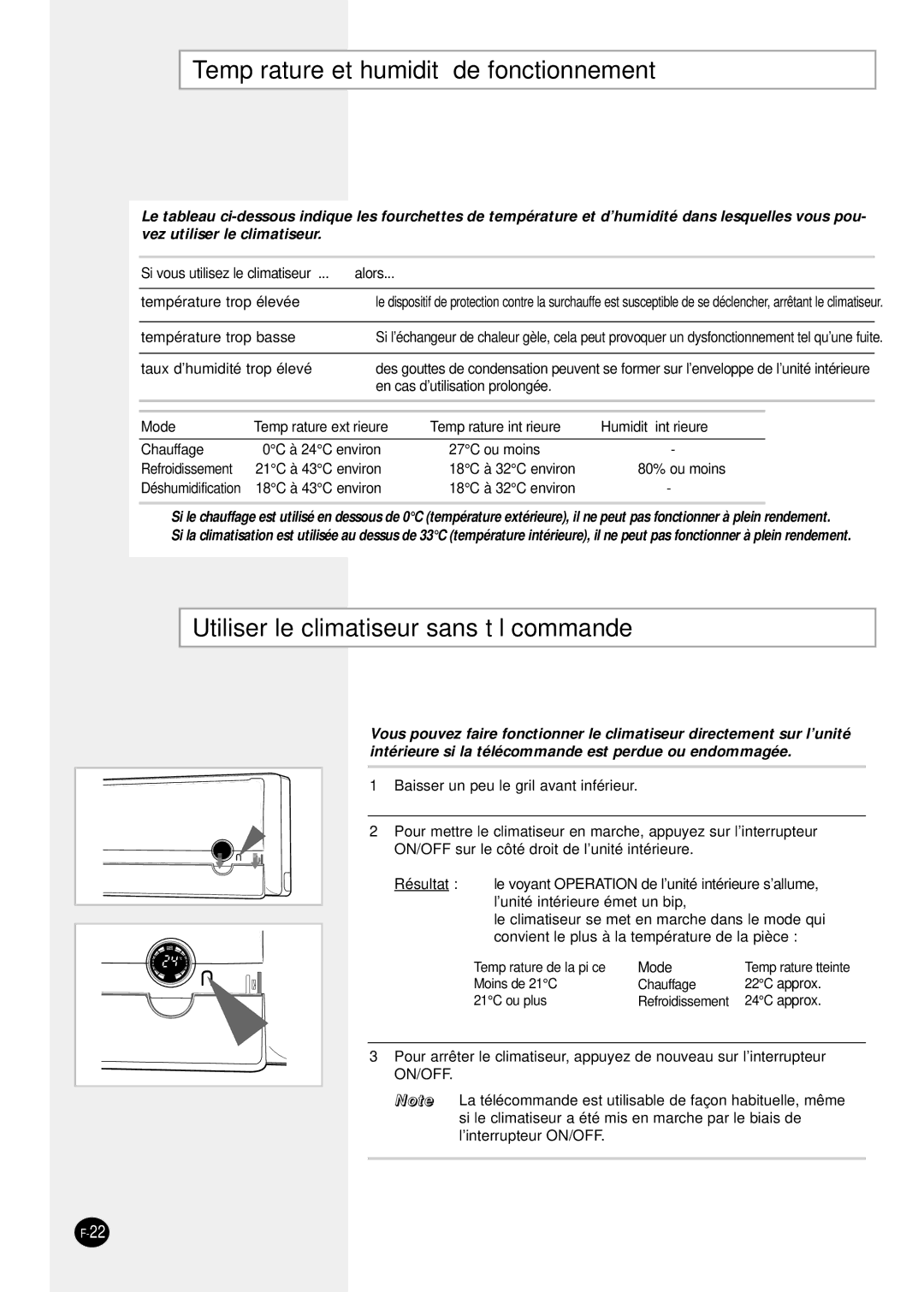 Samsung SH09ZPGA, SH12ZPG, SH24TP6 Température et humidité de fonctionnement, Utiliser le climatiseur sans télécommande 