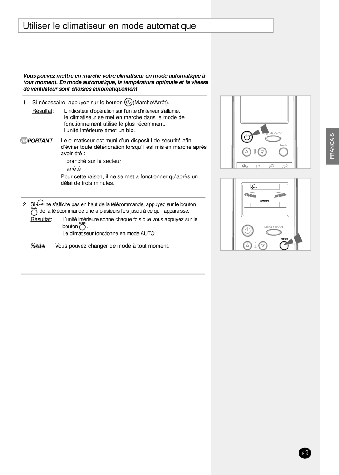 Samsung SH09ZPGA/SER, SH12ZPG, SH24TP6, sH12ZPGA, SH18ZP0, SH07ZPGX, SH09ZPGAX manual Utiliser le climatiseur en mode automatique 