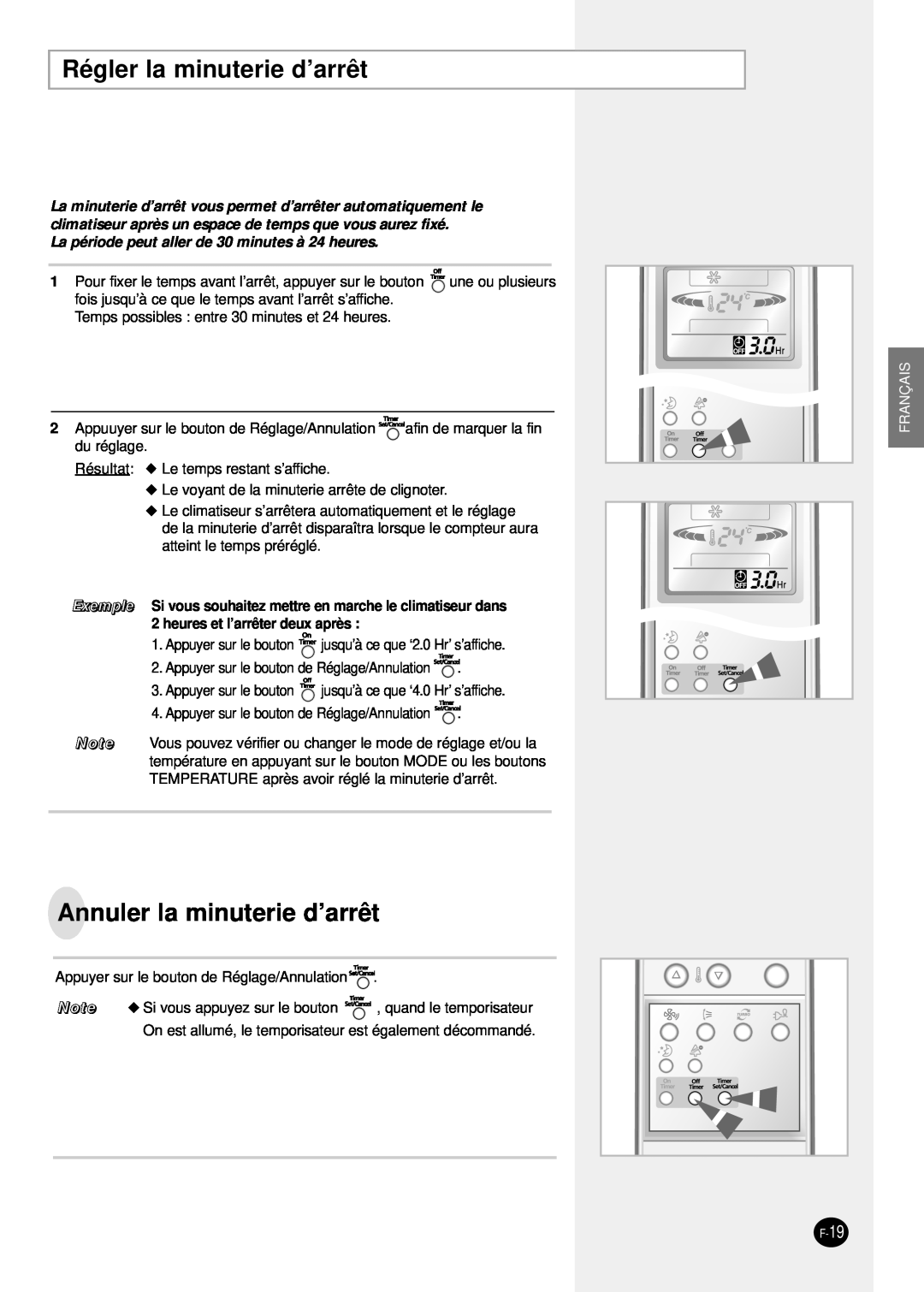 Samsung sH12ZPGA manual Régler la minuterie d’arrêt, Annuler la minuterie d’arrêt, heures et l’arrêter deux après, Français 