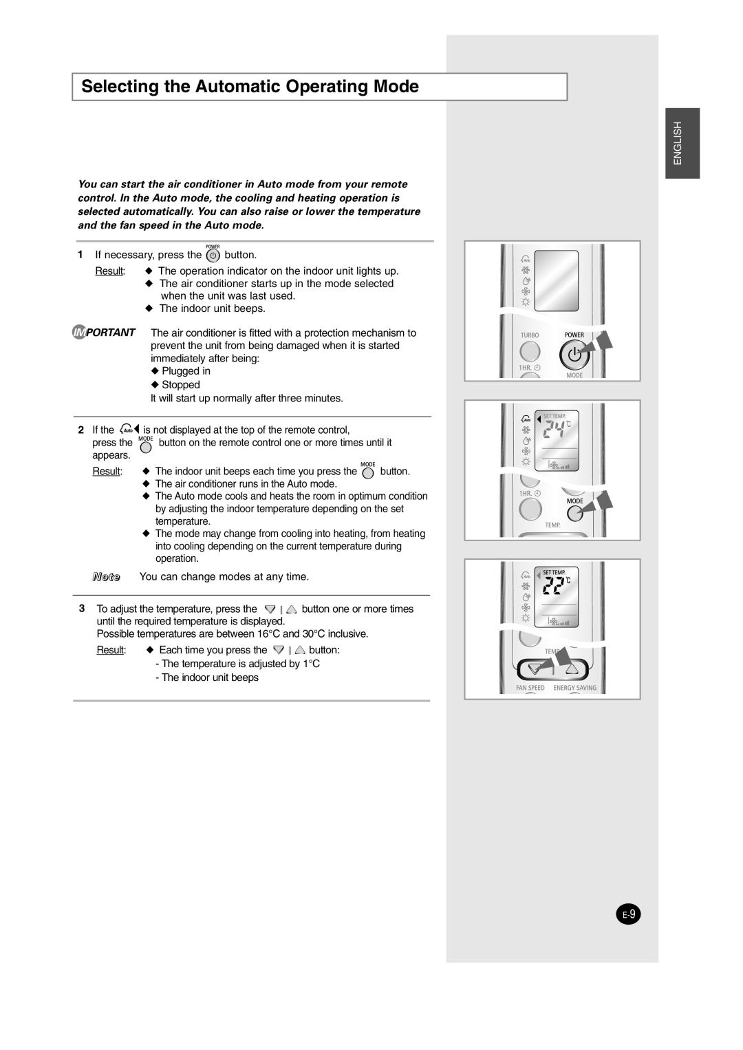 Samsung SH09AJ8, SH12AJHD manual Selecting the Automatic Operating Mode 