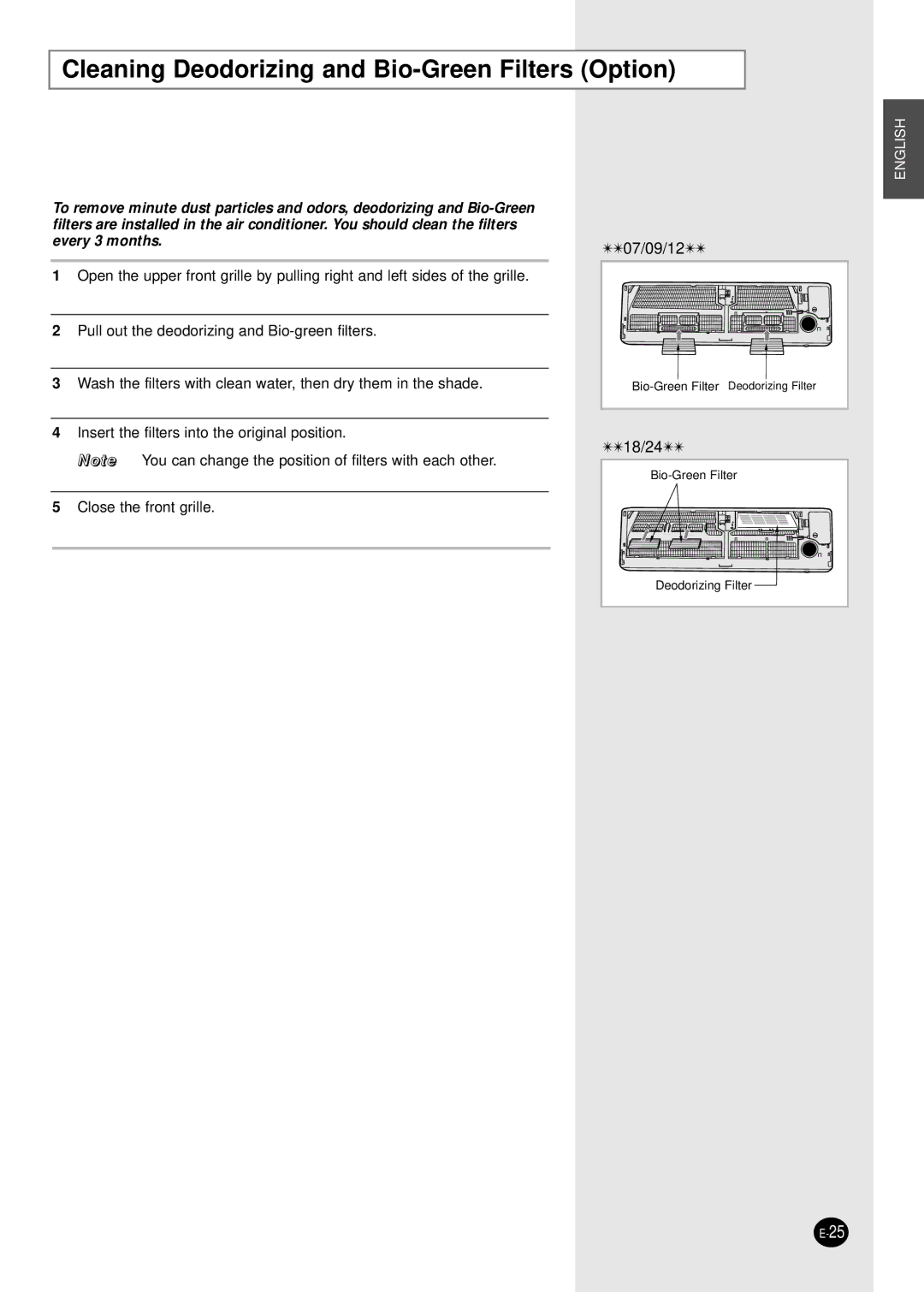 Samsung SH12APGG manual Cleaning Deodorizing and Bio-Green Filters Option 