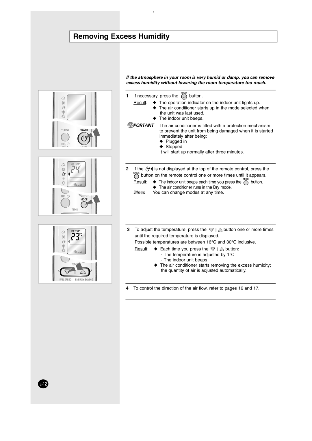 Samsung SH12AWHD manual Removing Excess Humidity 